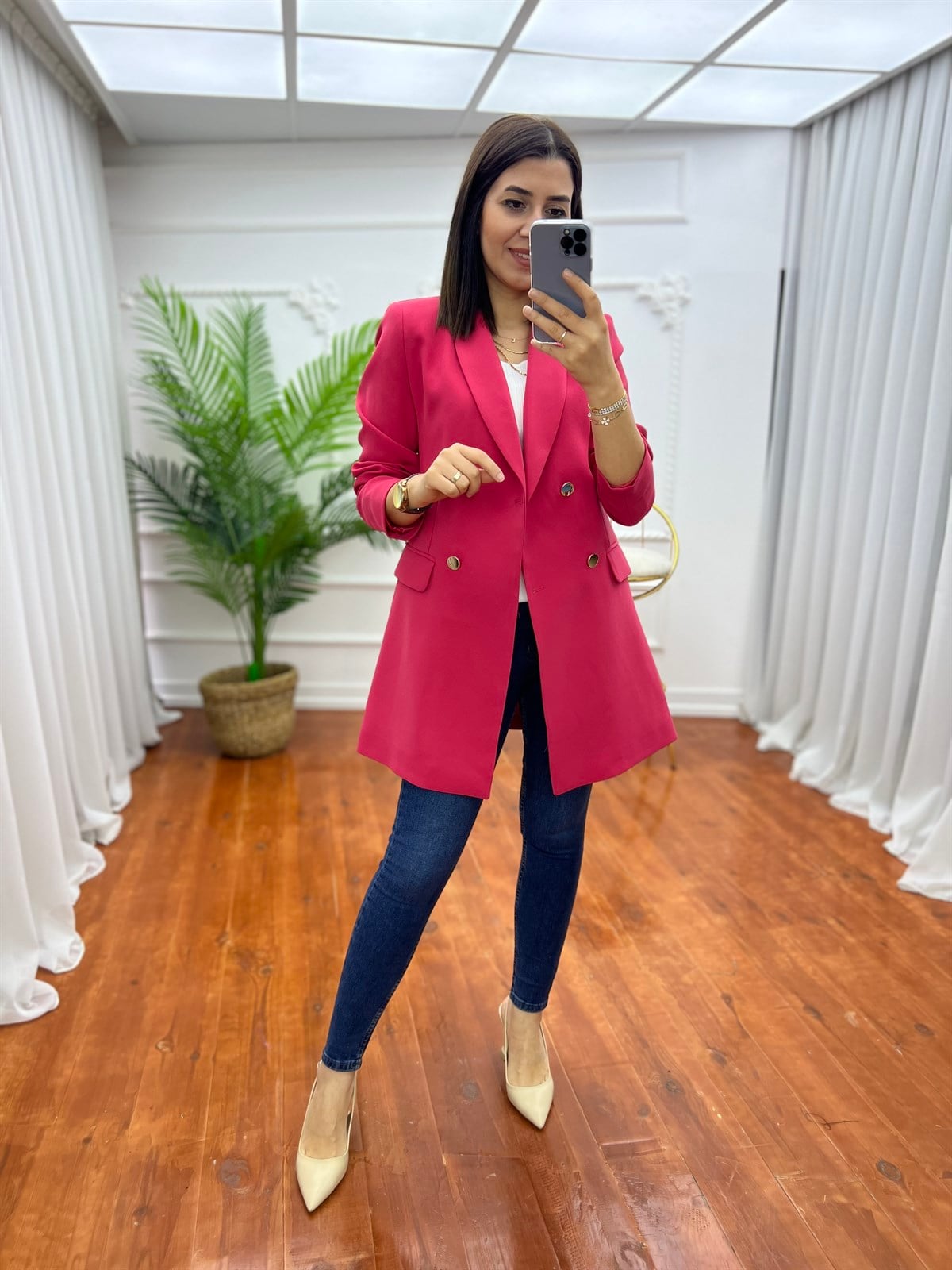 Dört Düğmeli Atlas Blazer Ceket Fuşya