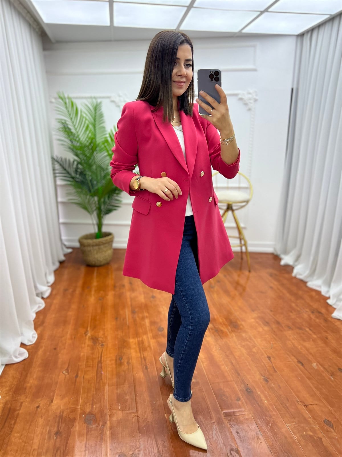 Dört Düğmeli Atlas Blazer Ceket Fuşya