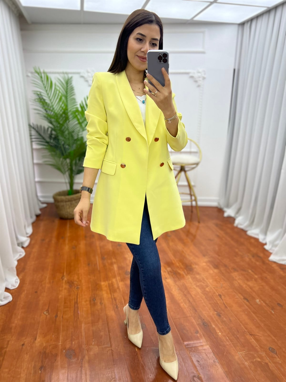 Dört Düğmeli Atlas Blazer Ceket Sarı