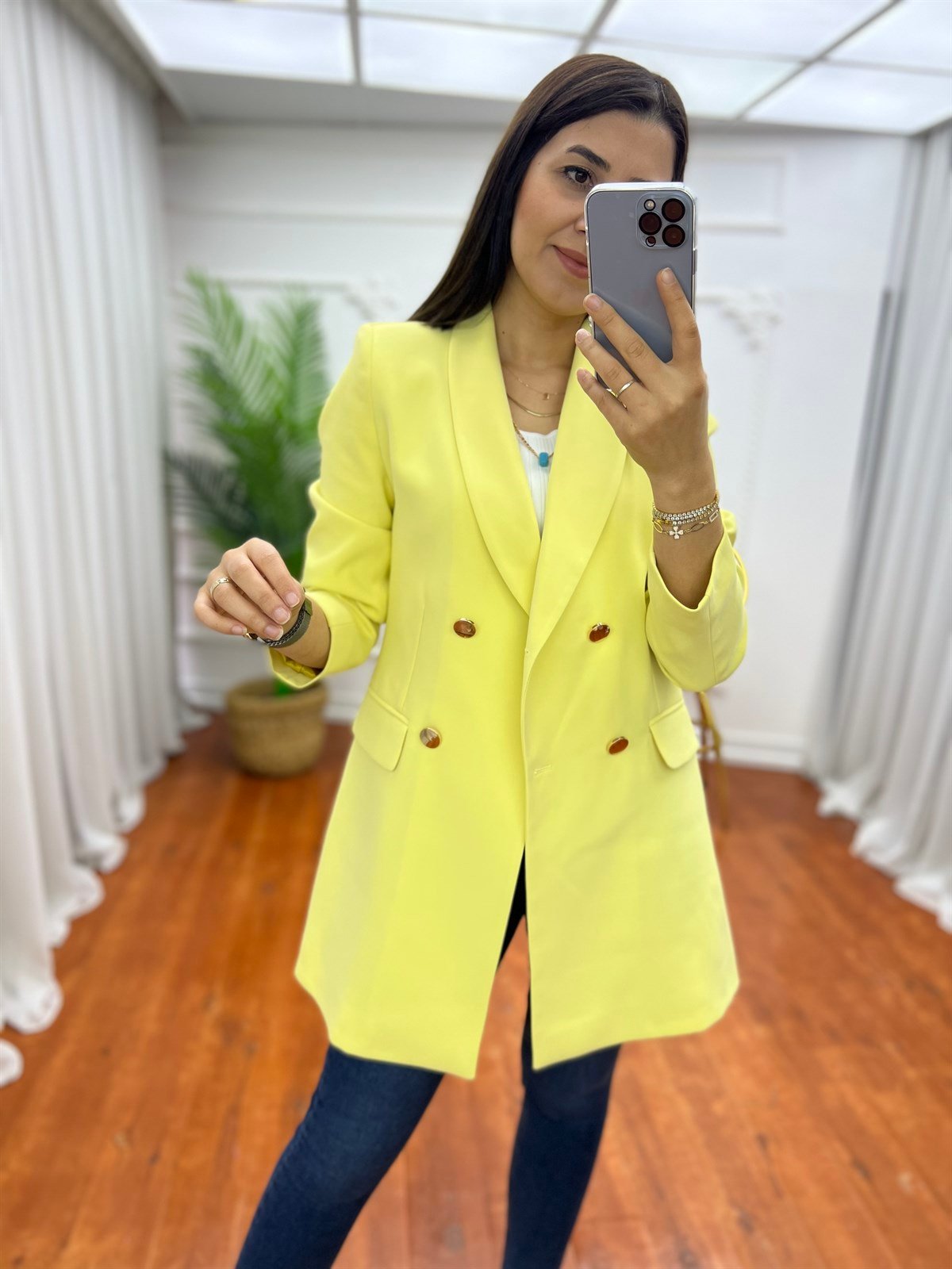 Dört Düğmeli Atlas Blazer Ceket Sarı