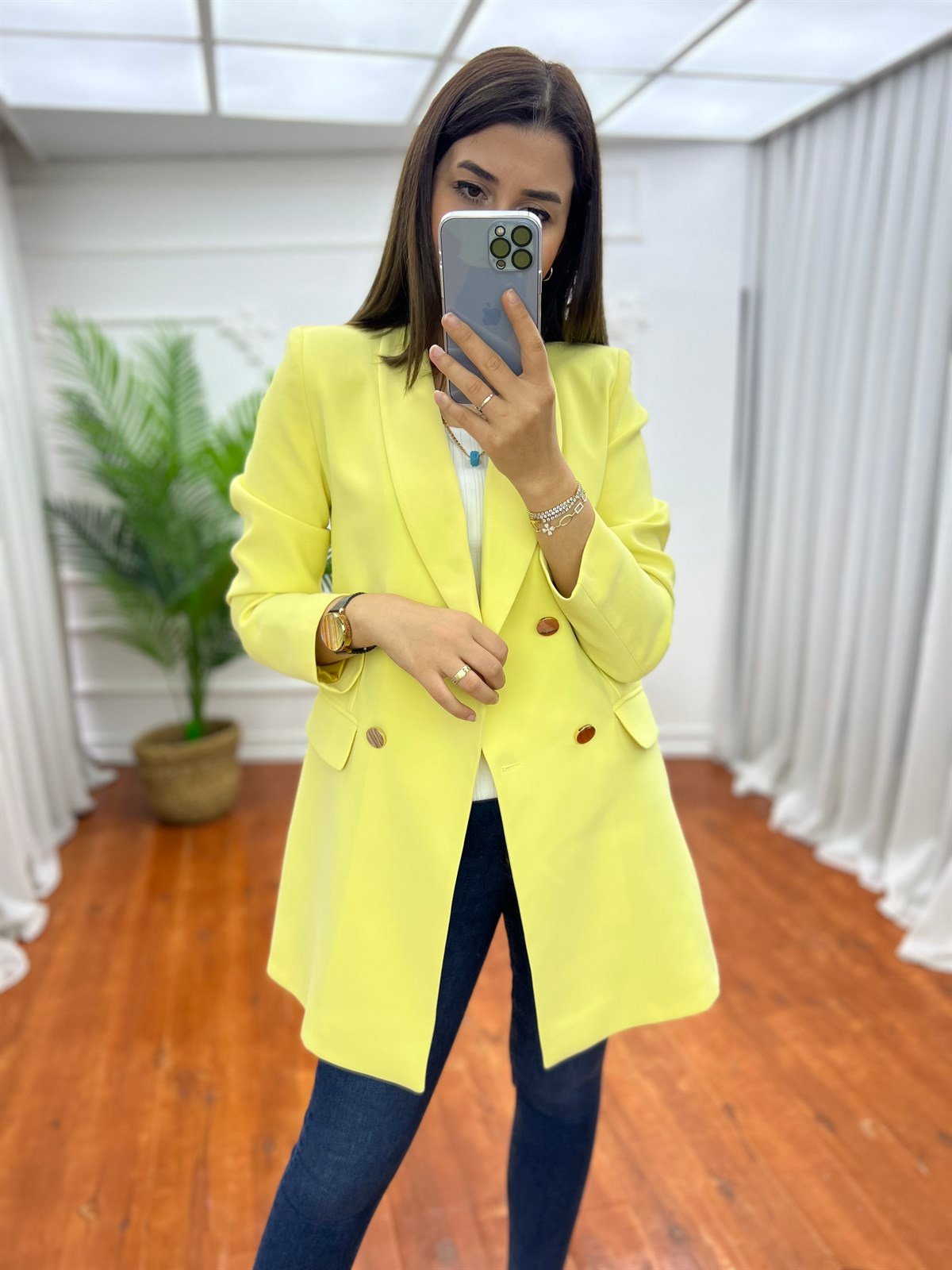Dört Düğmeli Atlas Blazer Ceket Sarı