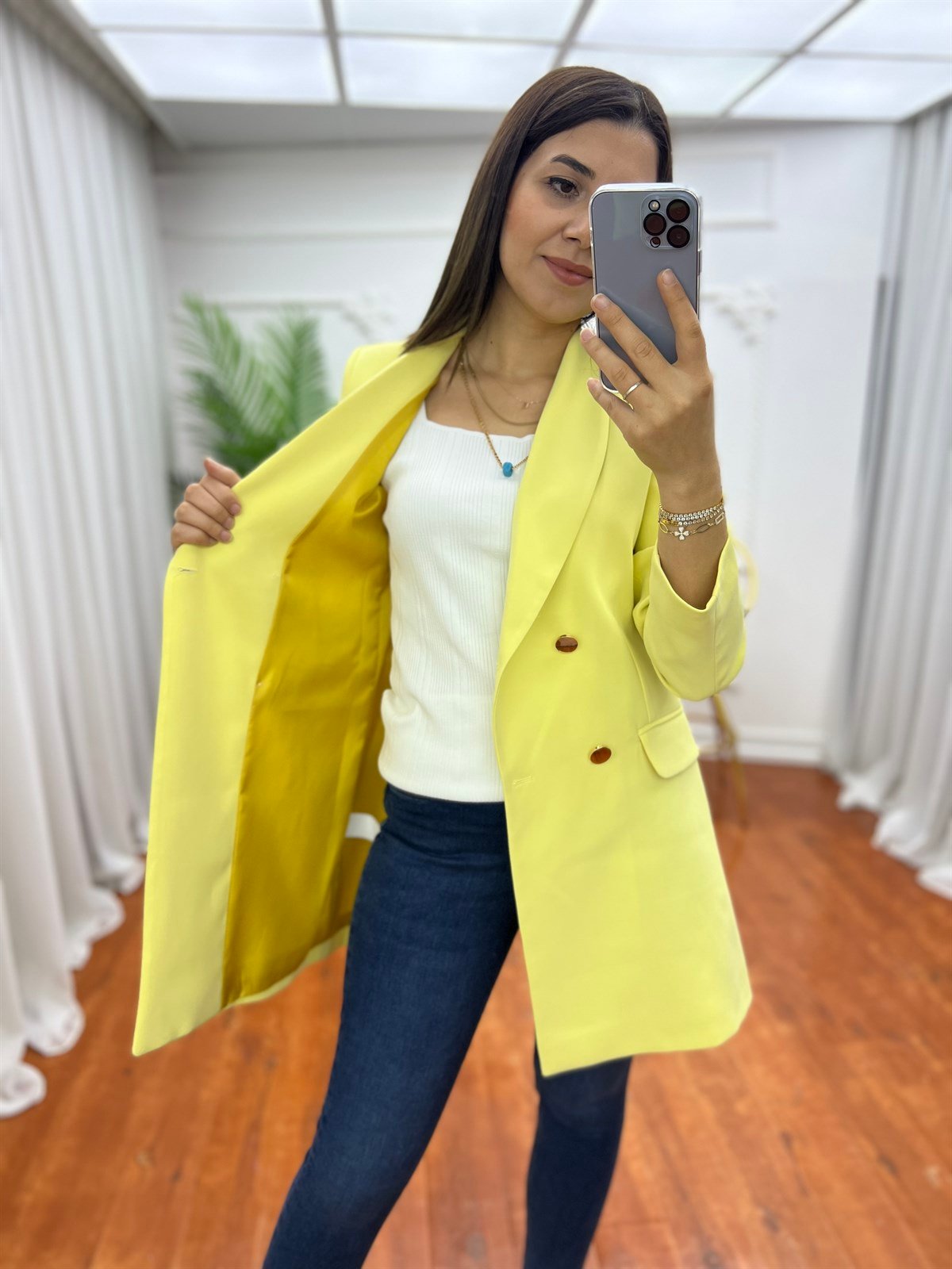 Dört Düğmeli Atlas Blazer Ceket Sarı