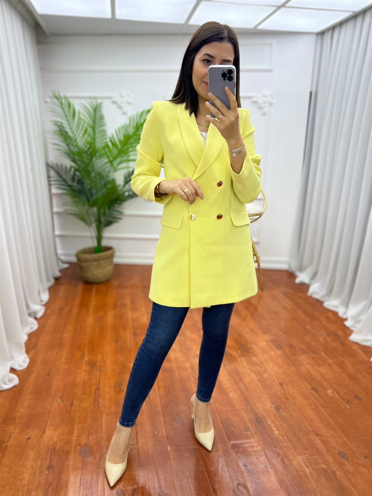Dört Düğmeli Atlas Blazer Ceket Sarı