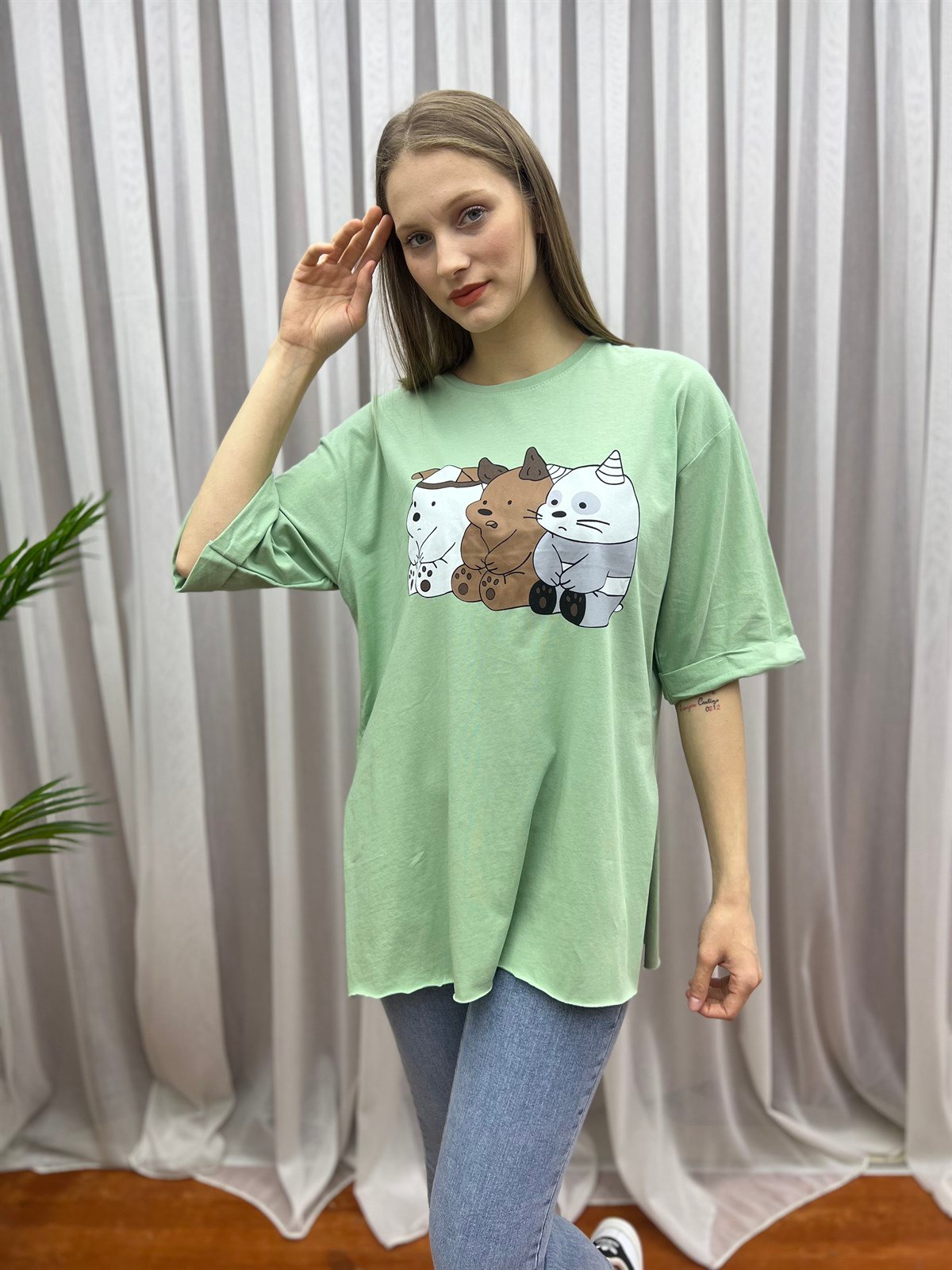 Duble Kol Köpek Baskı Tişört Mint Yeşili