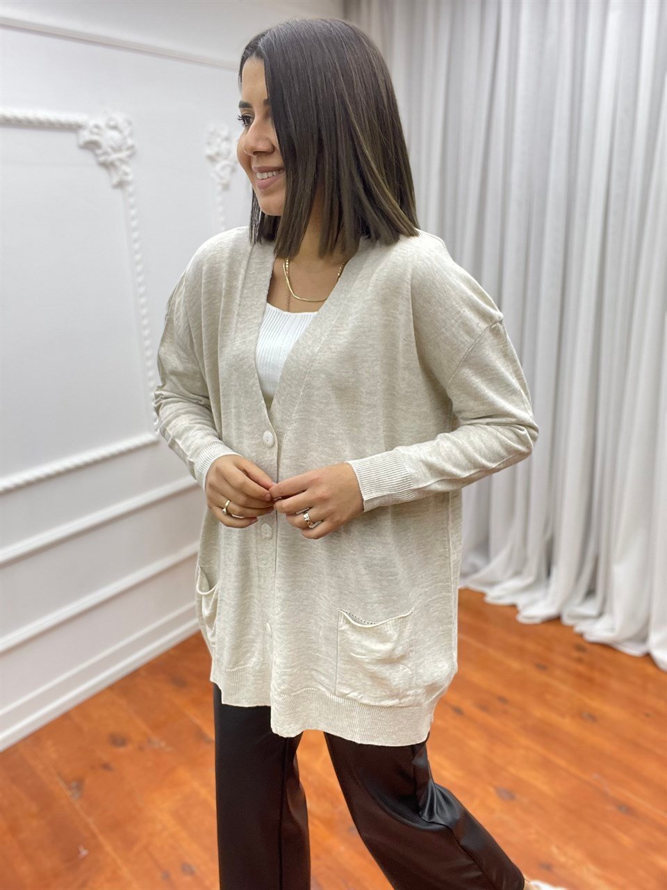 Düğmeli Oversize Hırka Taş