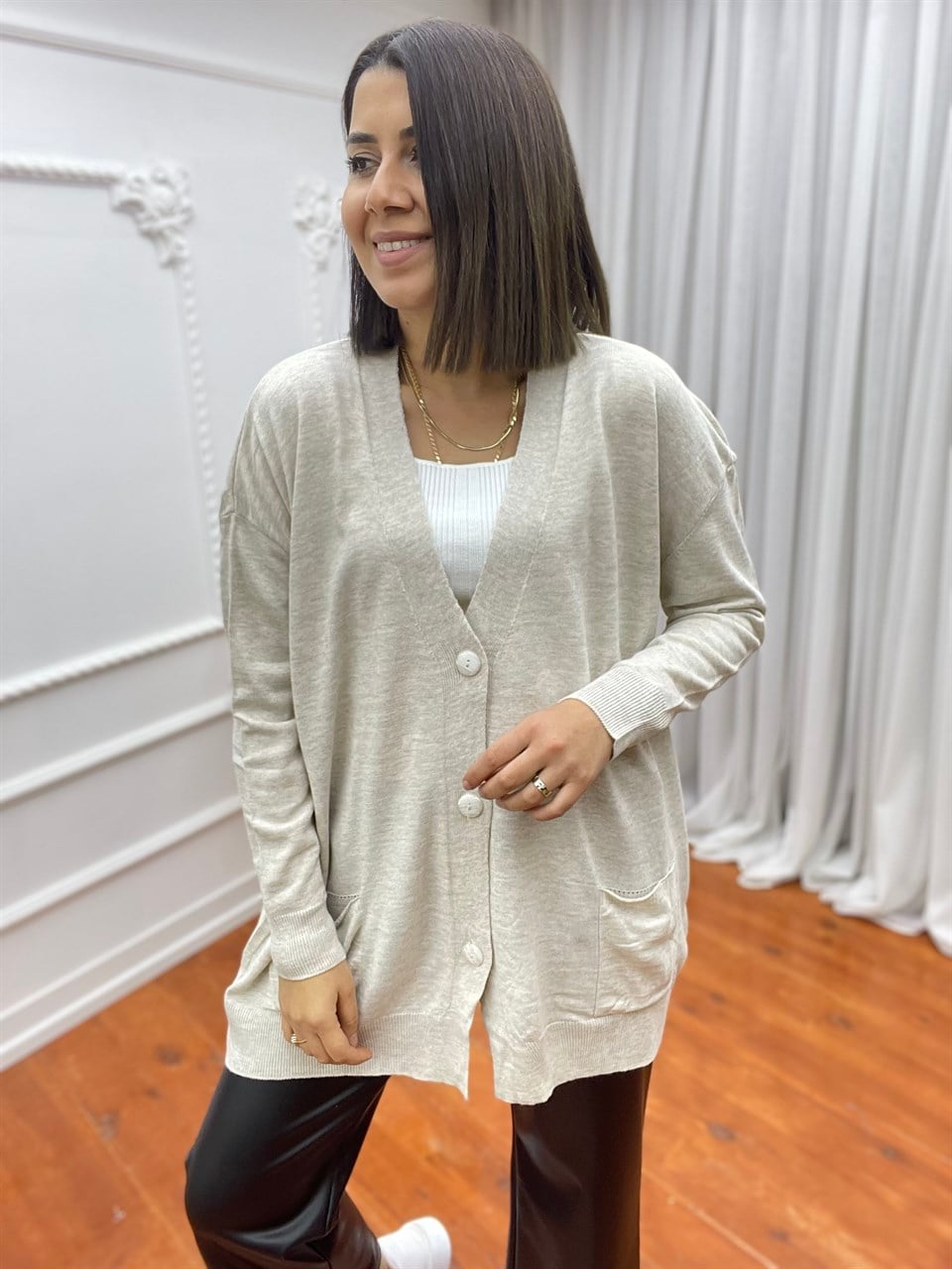 Düğmeli Oversize Hırka Taş