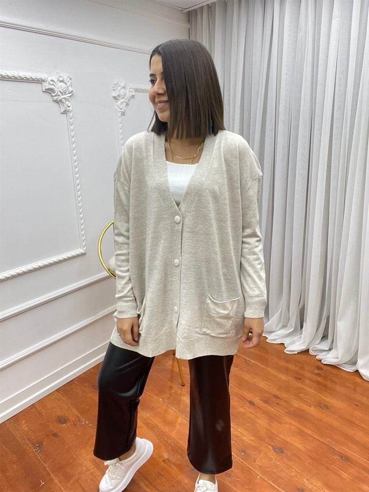 Düğmeli Oversize Hırka Taş