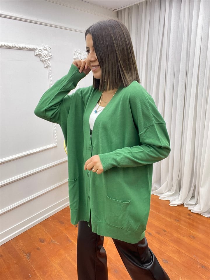 Düğmeli Oversize Hırka Yeşil