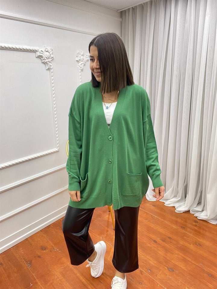Düğmeli Oversize Hırka Yeşil