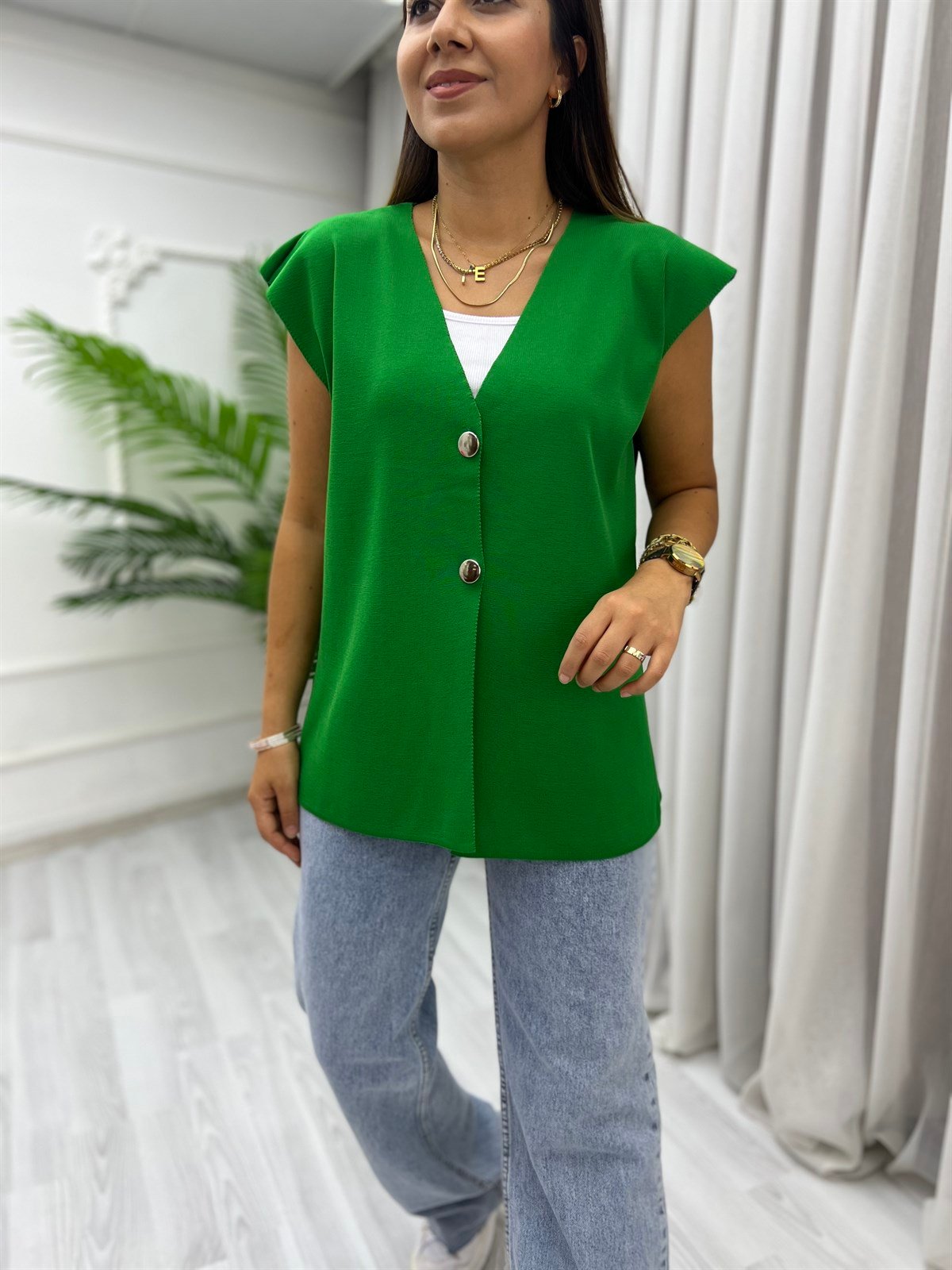 Düğmeli Oversize Yelek Çimenyeşili