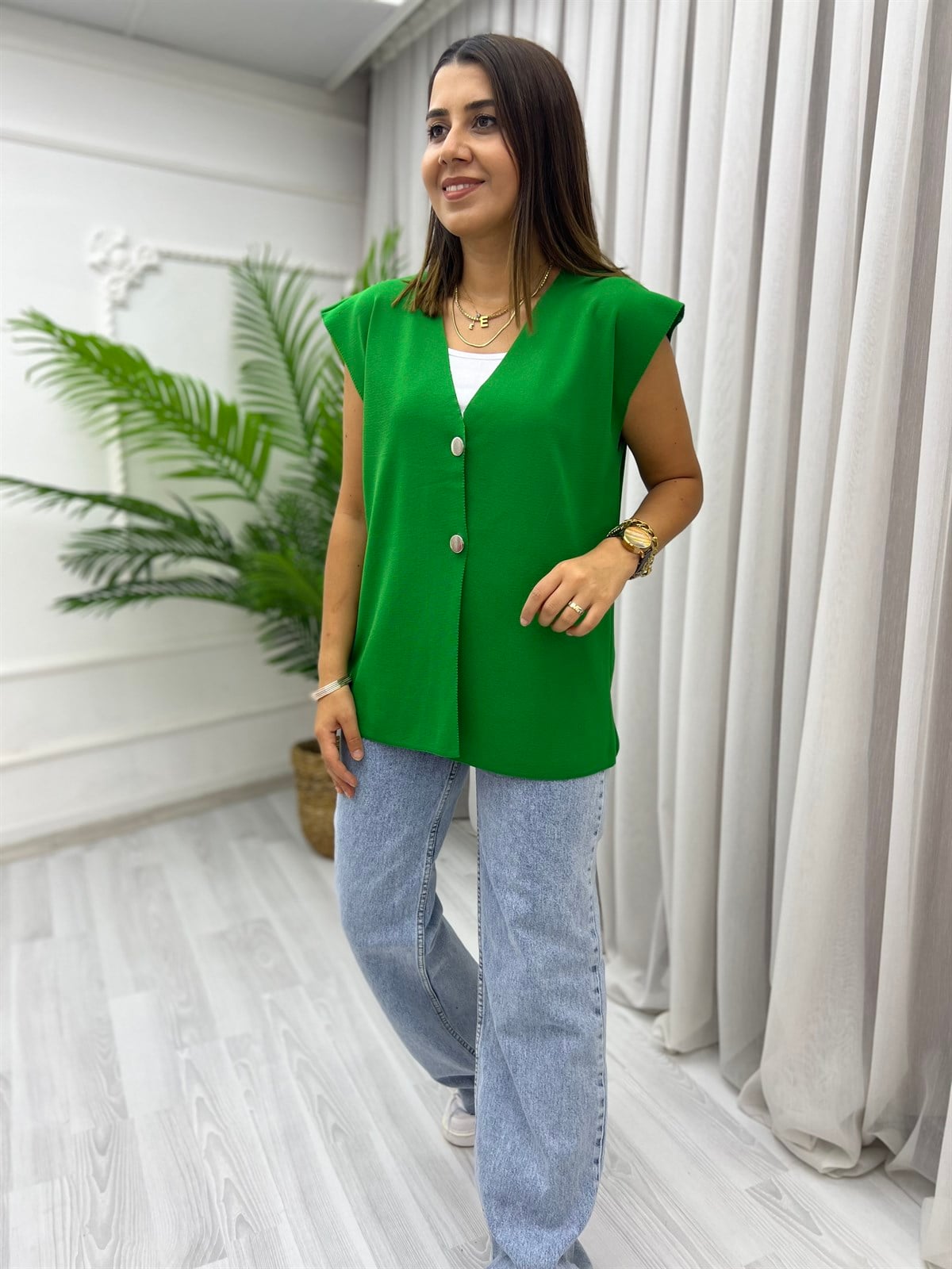 Düğmeli Oversize Yelek Çimenyeşili