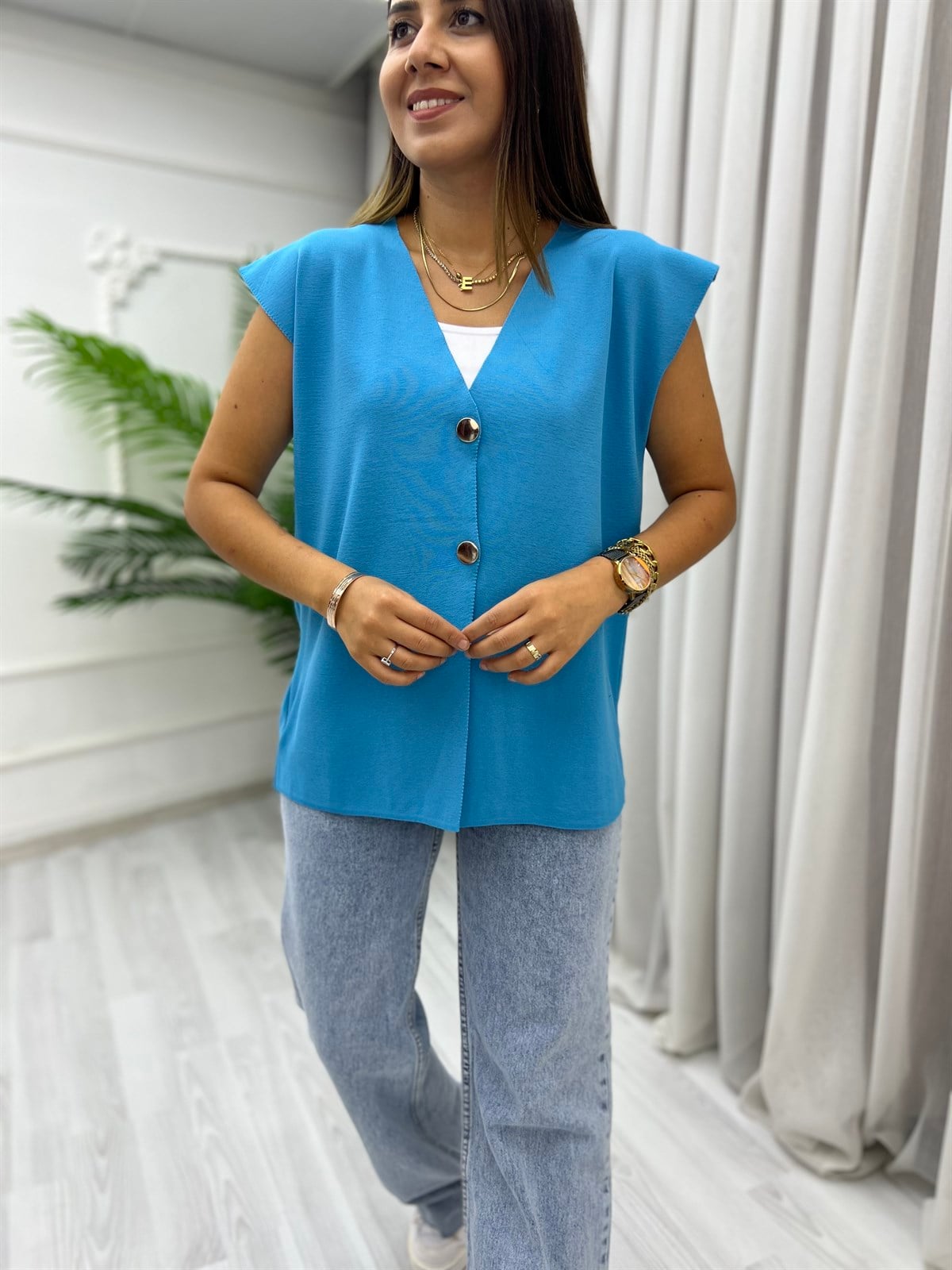 Düğmeli Oversize Yelek Mavi