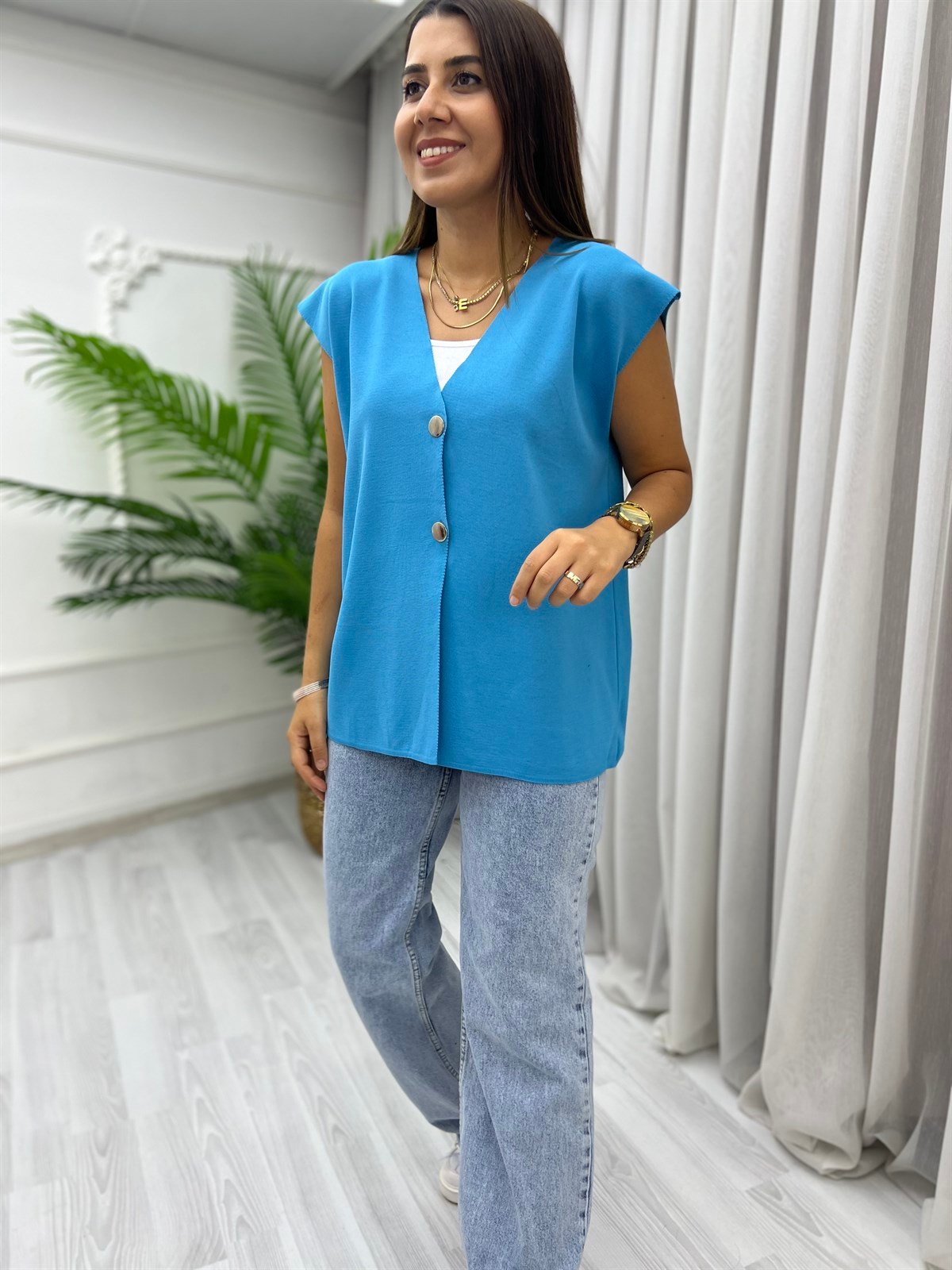 Düğmeli Oversize Yelek Mavi