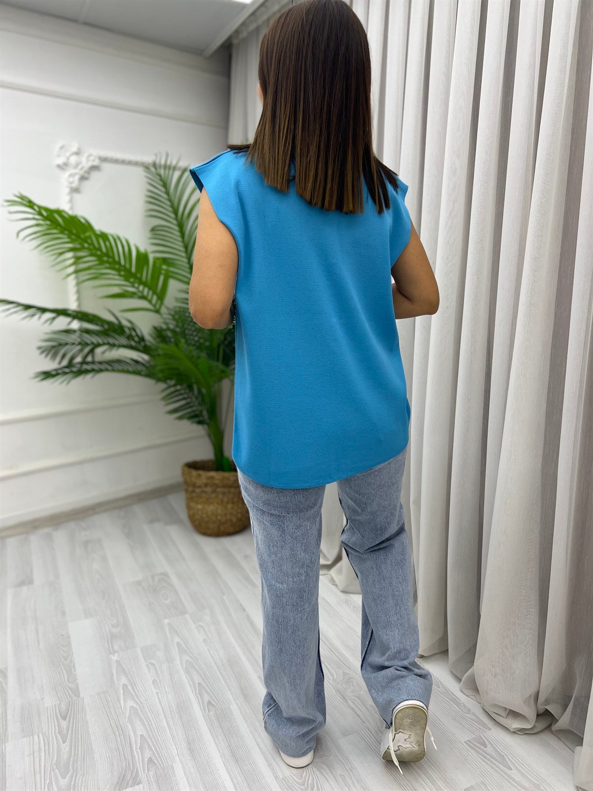 Düğmeli Oversize Yelek Mavi