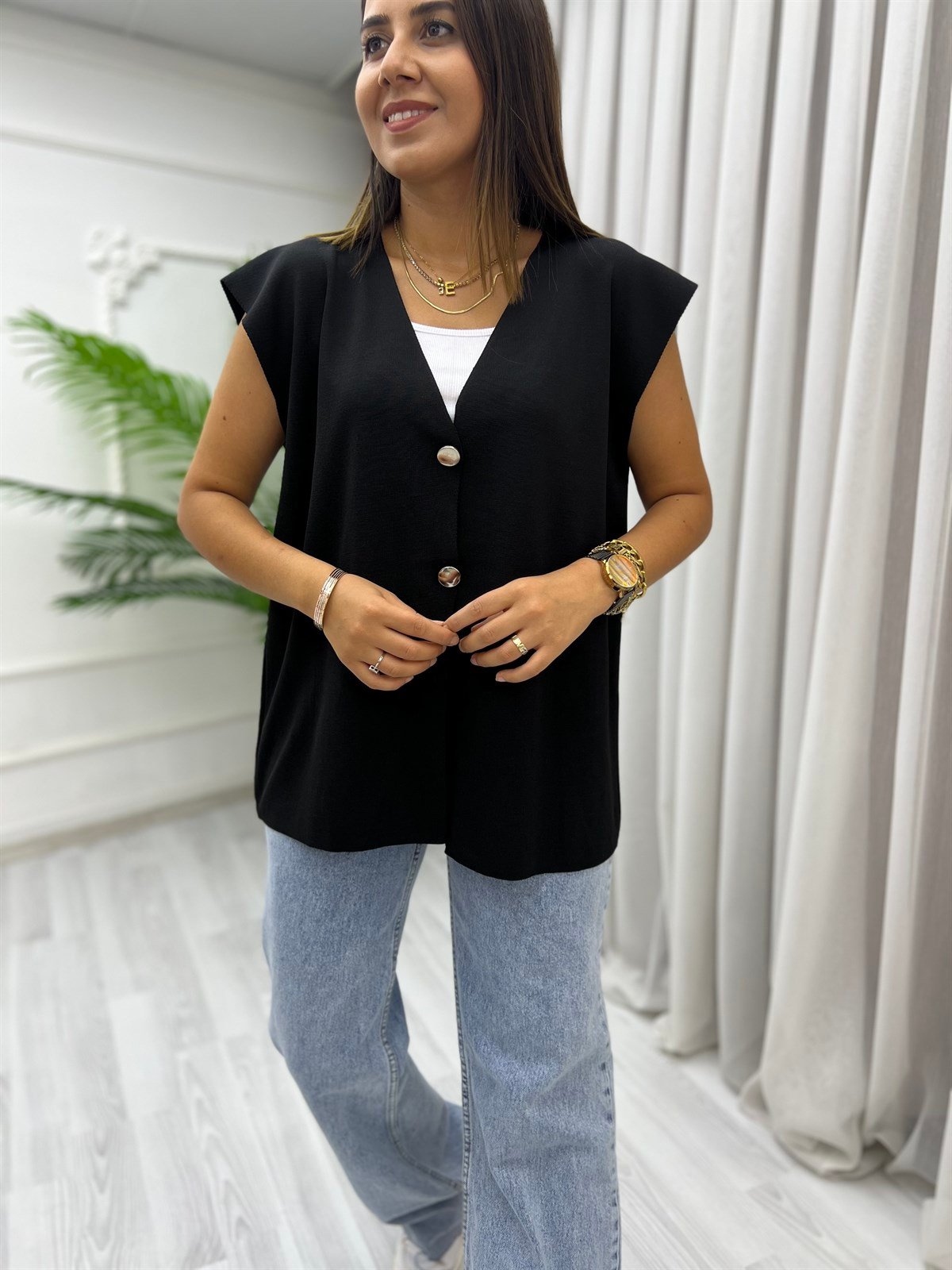 Düğmeli Oversize Yelek Siyah