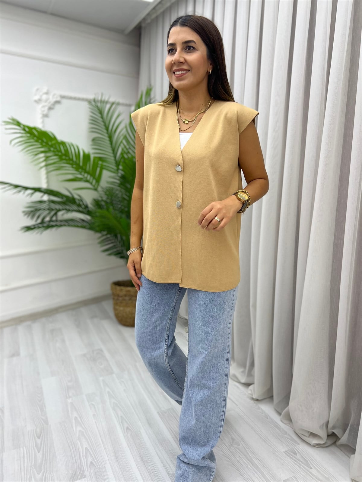 Düğmeli Oversize Yelek Vizon