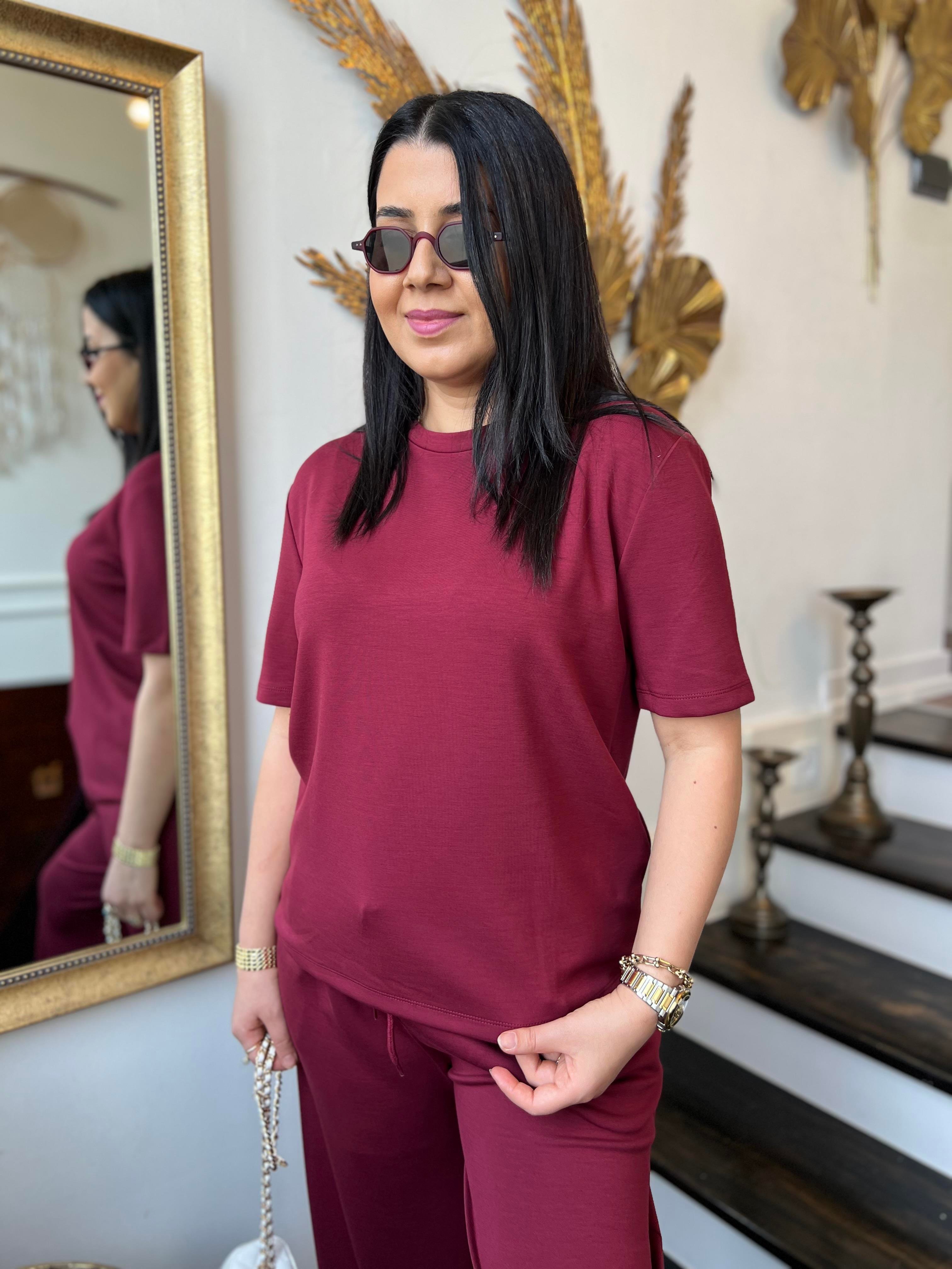 Düşük Kol Düz Modal Takım Bordo