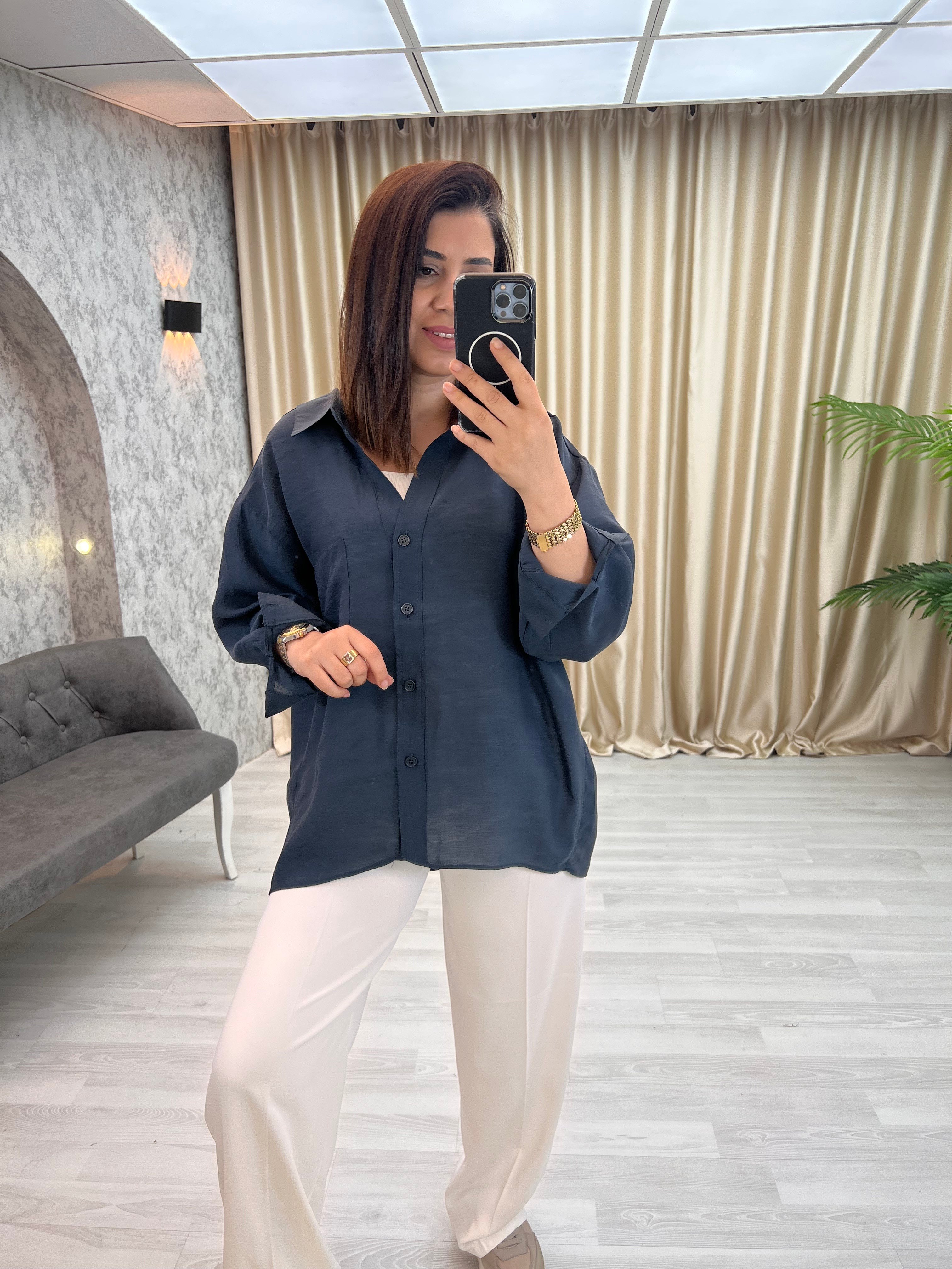 Düşük Omuzlu Oversize Gömlek Lacivert