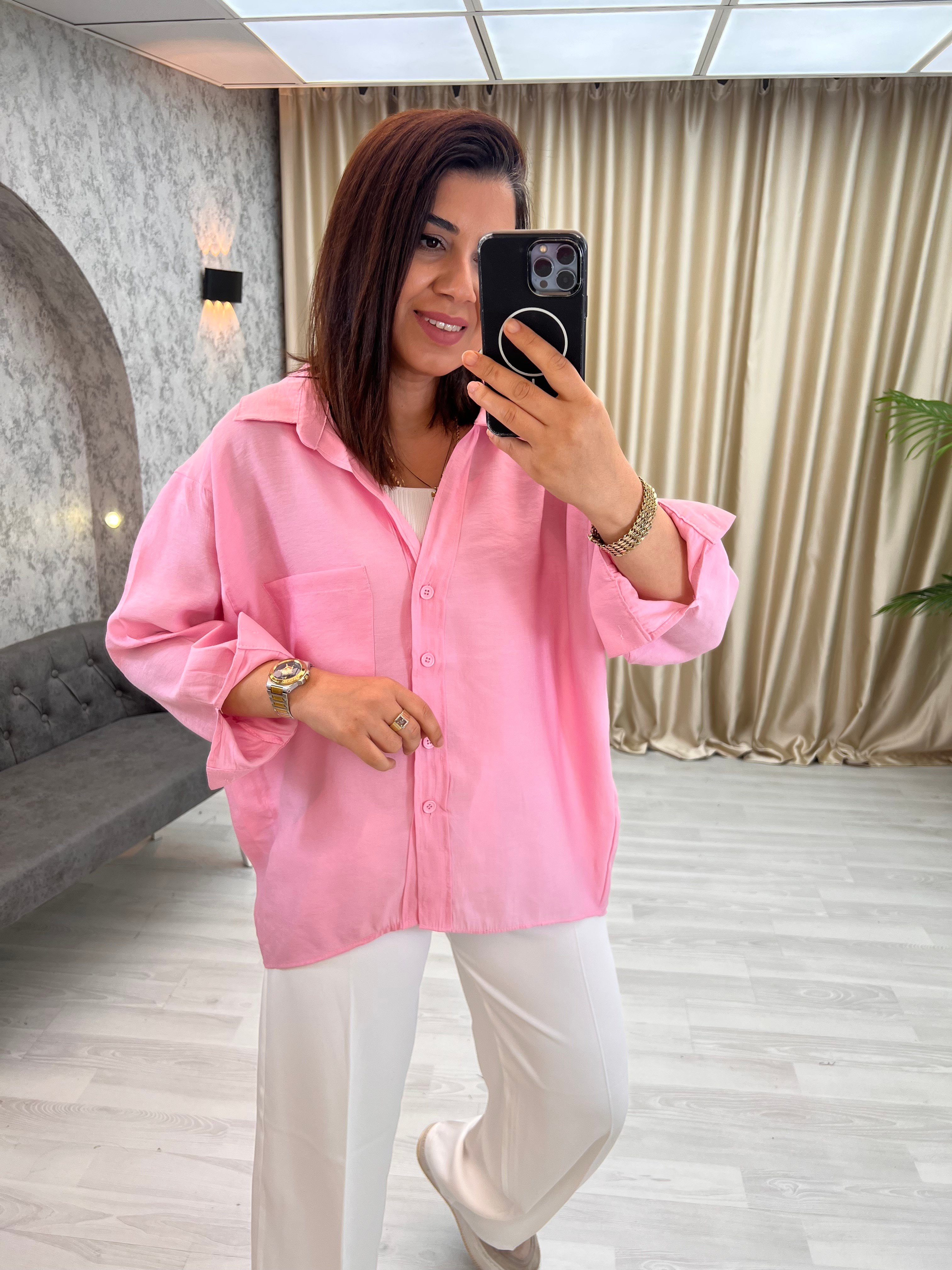 Düşük Omuzlu Oversize Gömlek Şekerpembe