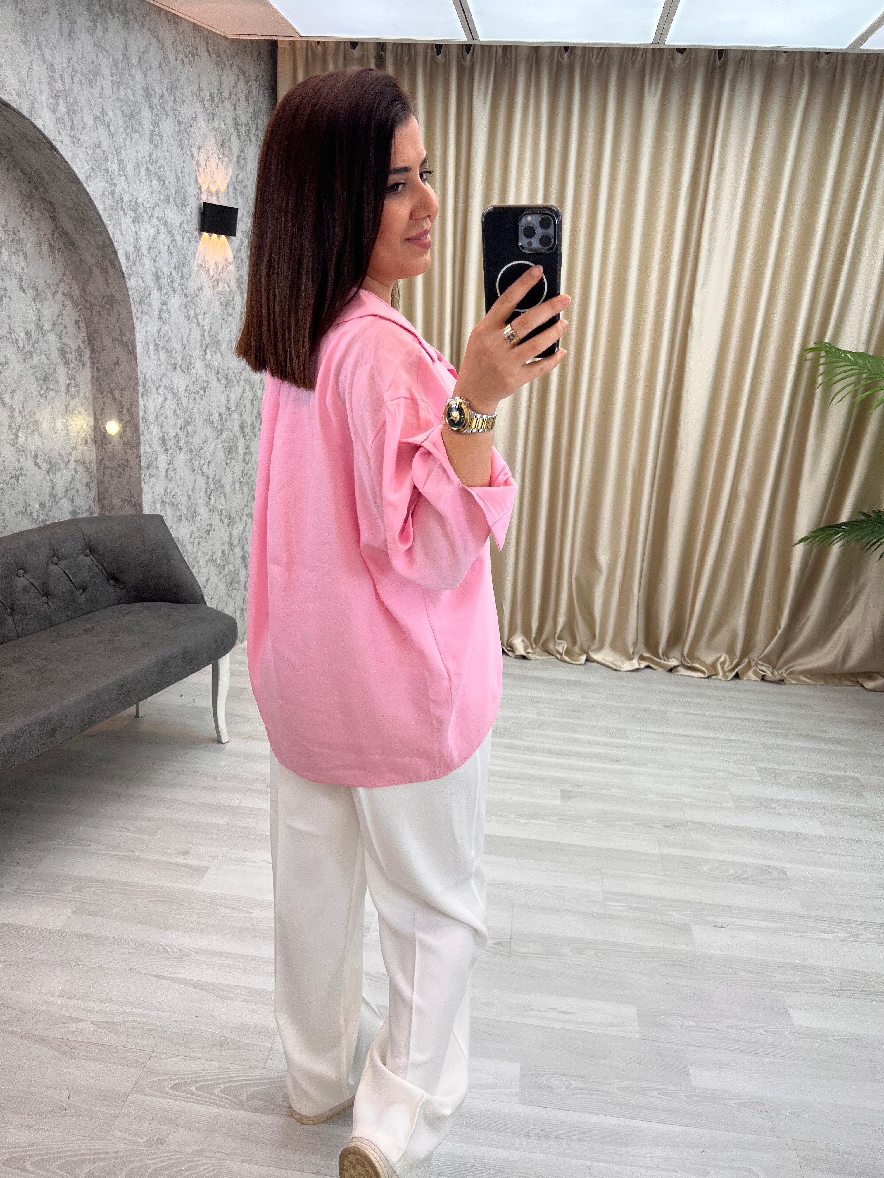 Düşük Omuzlu Oversize Gömlek Şekerpembe