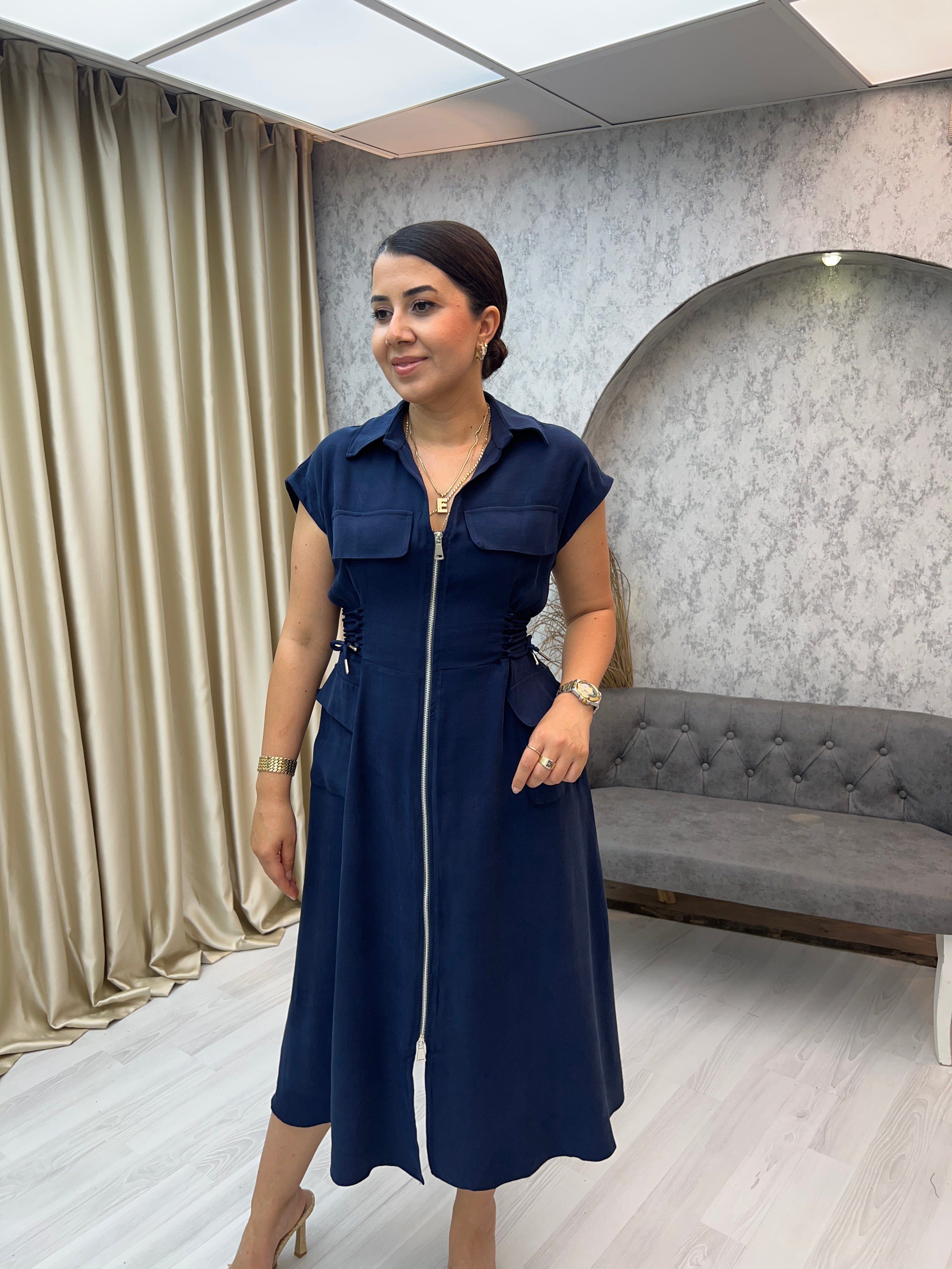 Fermaurlı Yanları Bağcıklı Elbise Lacivert