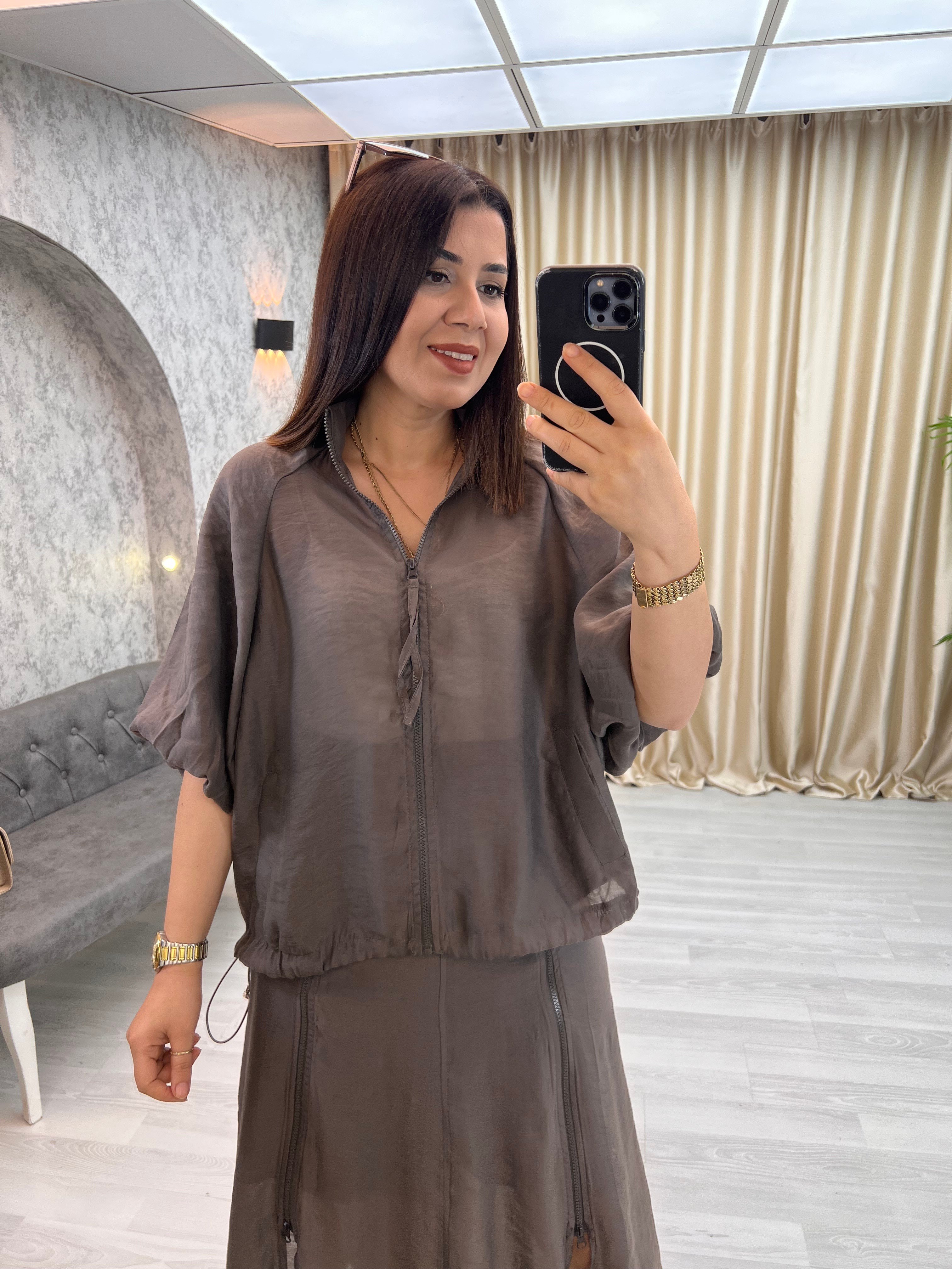 Fermuarlı Etek Takım Kahverengi
