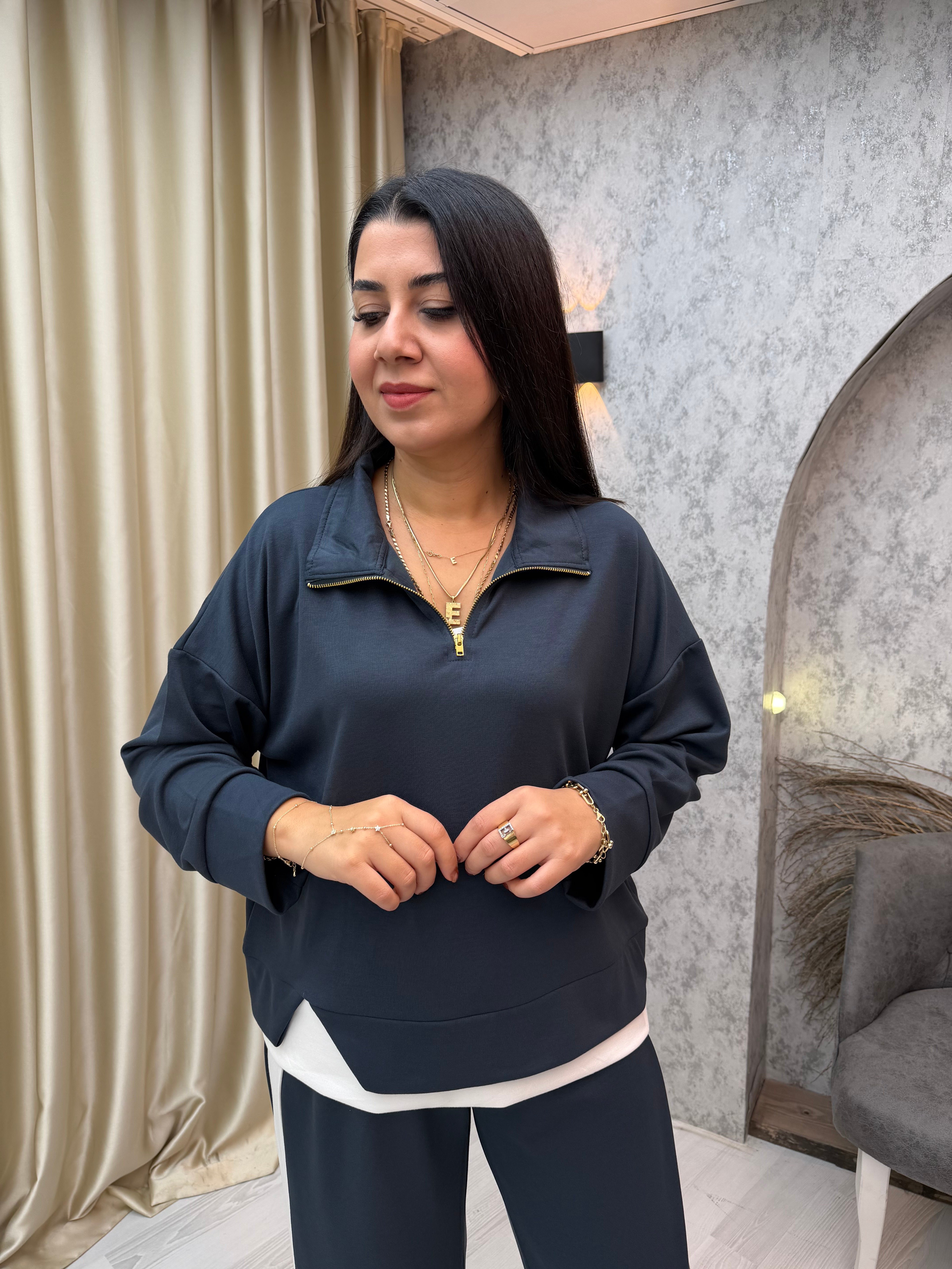 Fermuarlı Garnili Modal Takım Antrasit
