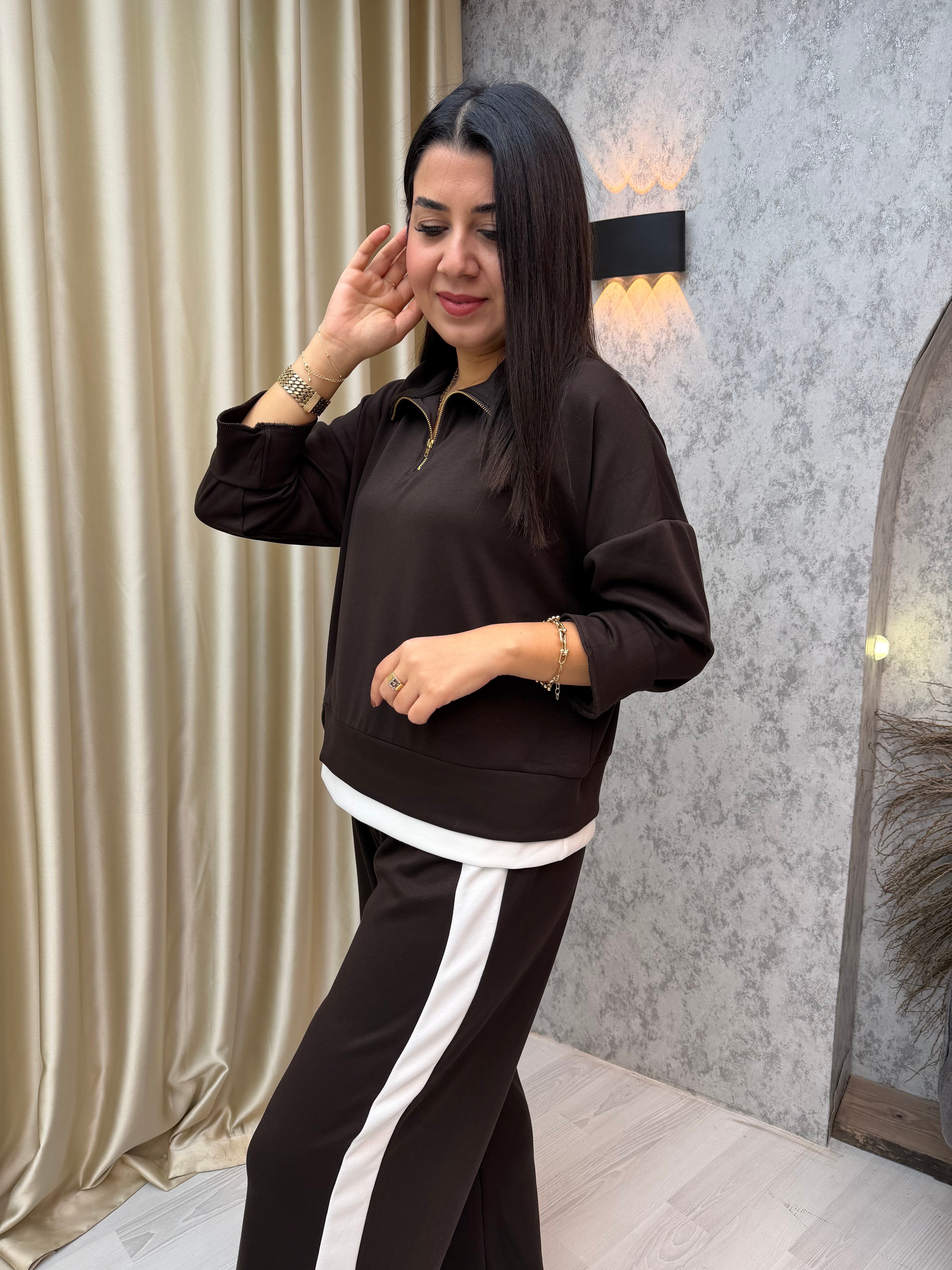 Fermuarlı Garnili Modal Takım Kahverengi
