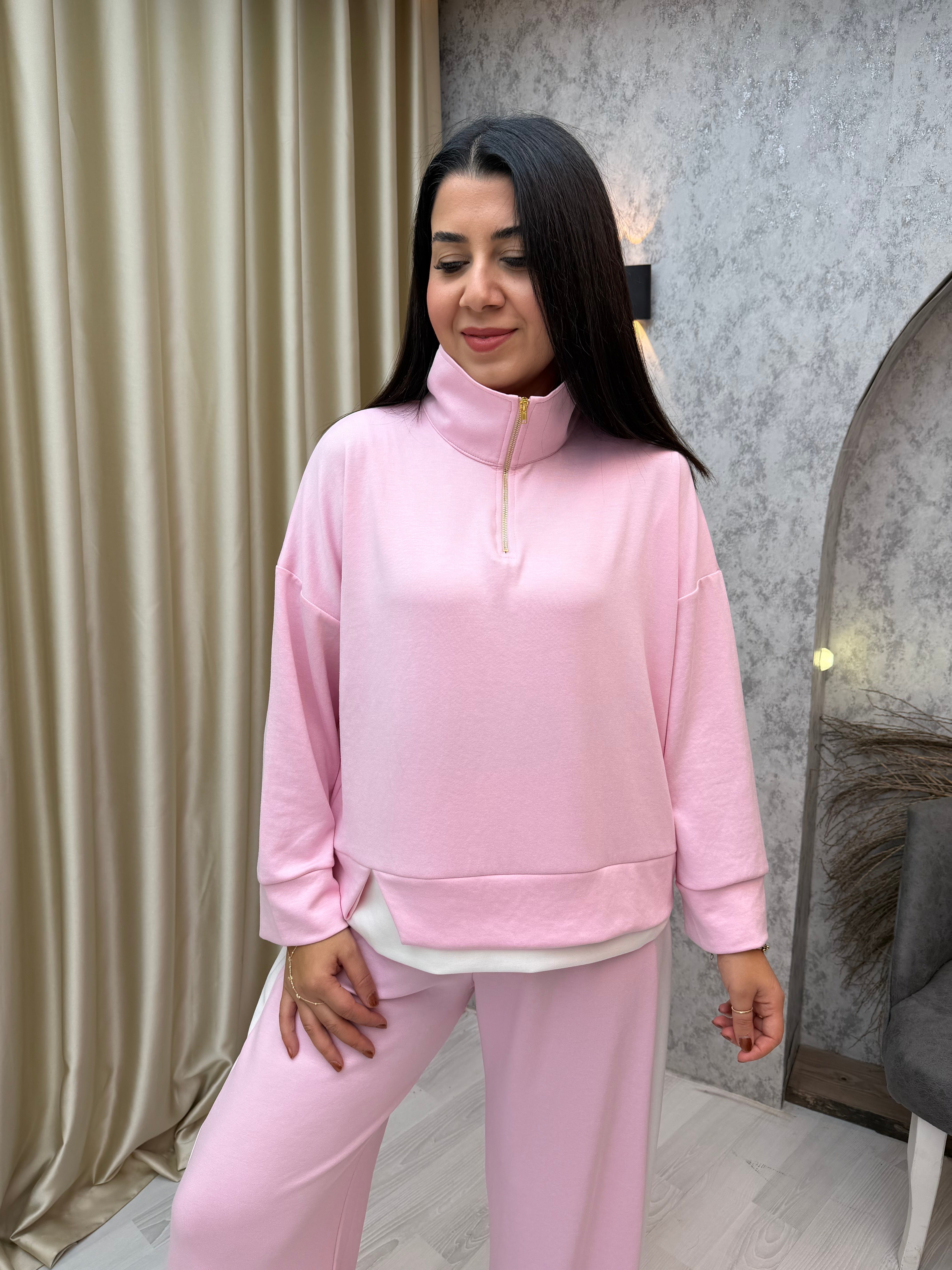Fermuarlı Garnili Modal Takım Pembe