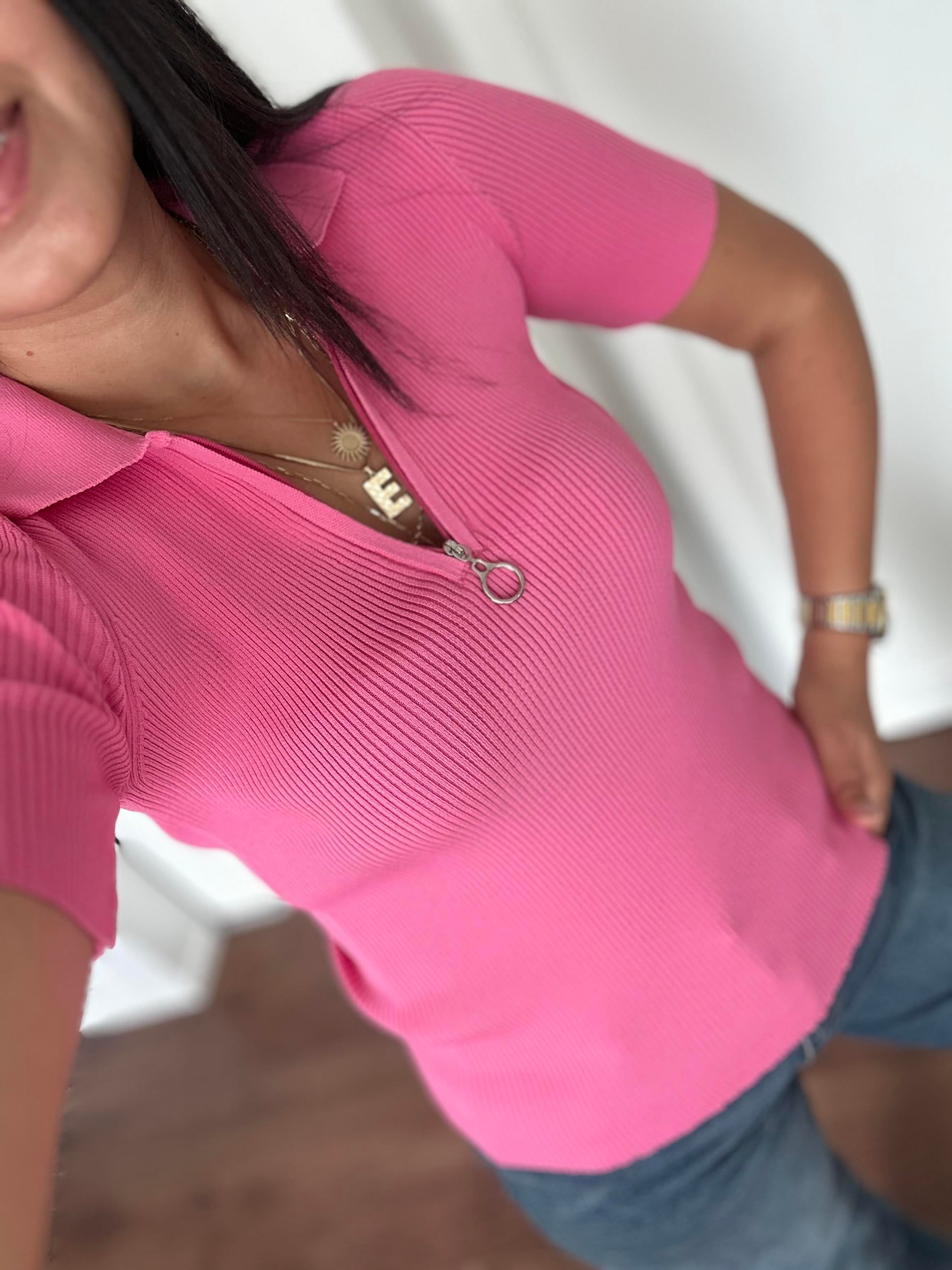 Fermuarlı Polo Yaka Triko Bluz Pembe