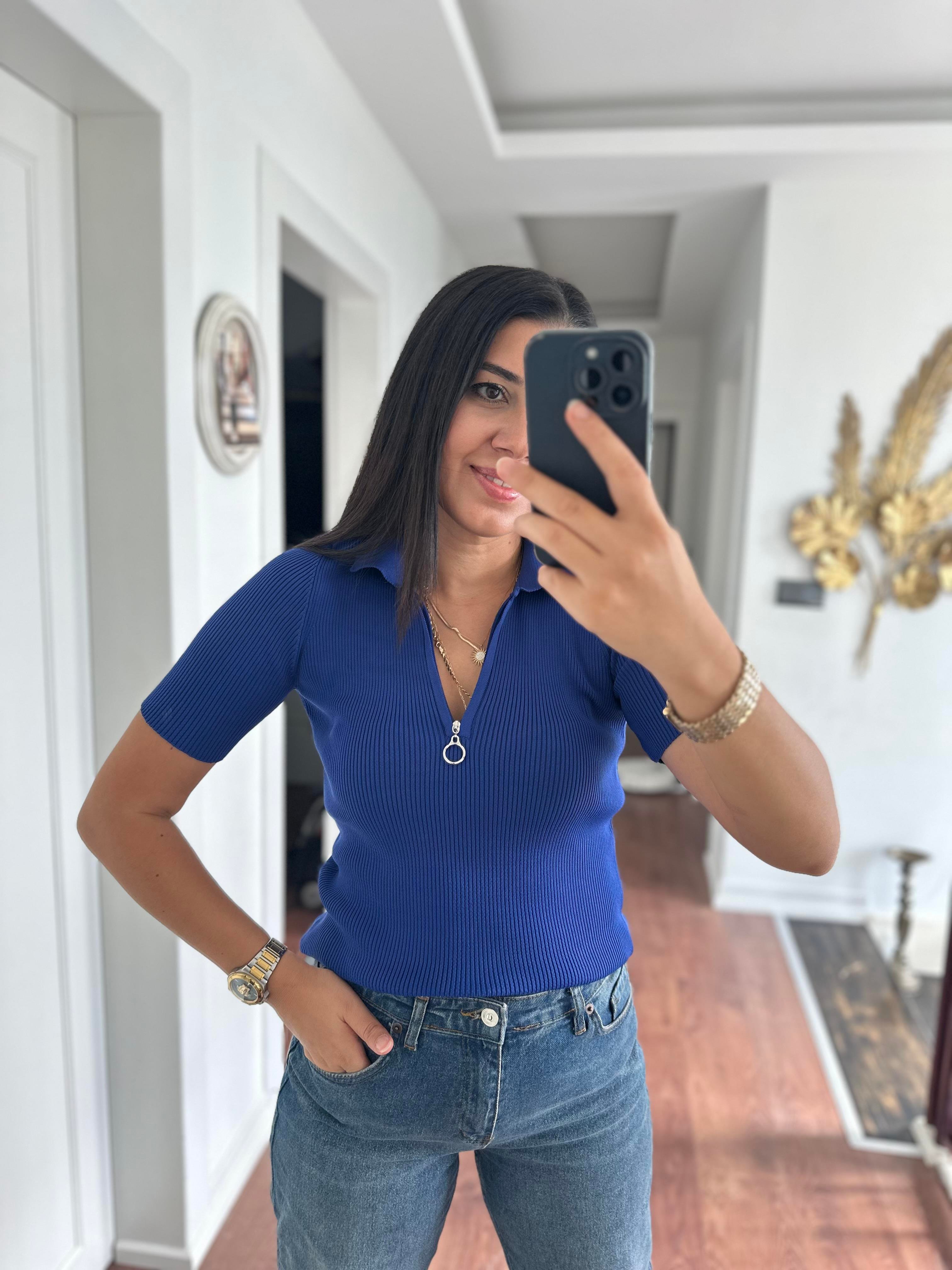 Fermuarlı Polo Yaka Triko Bluz Saks