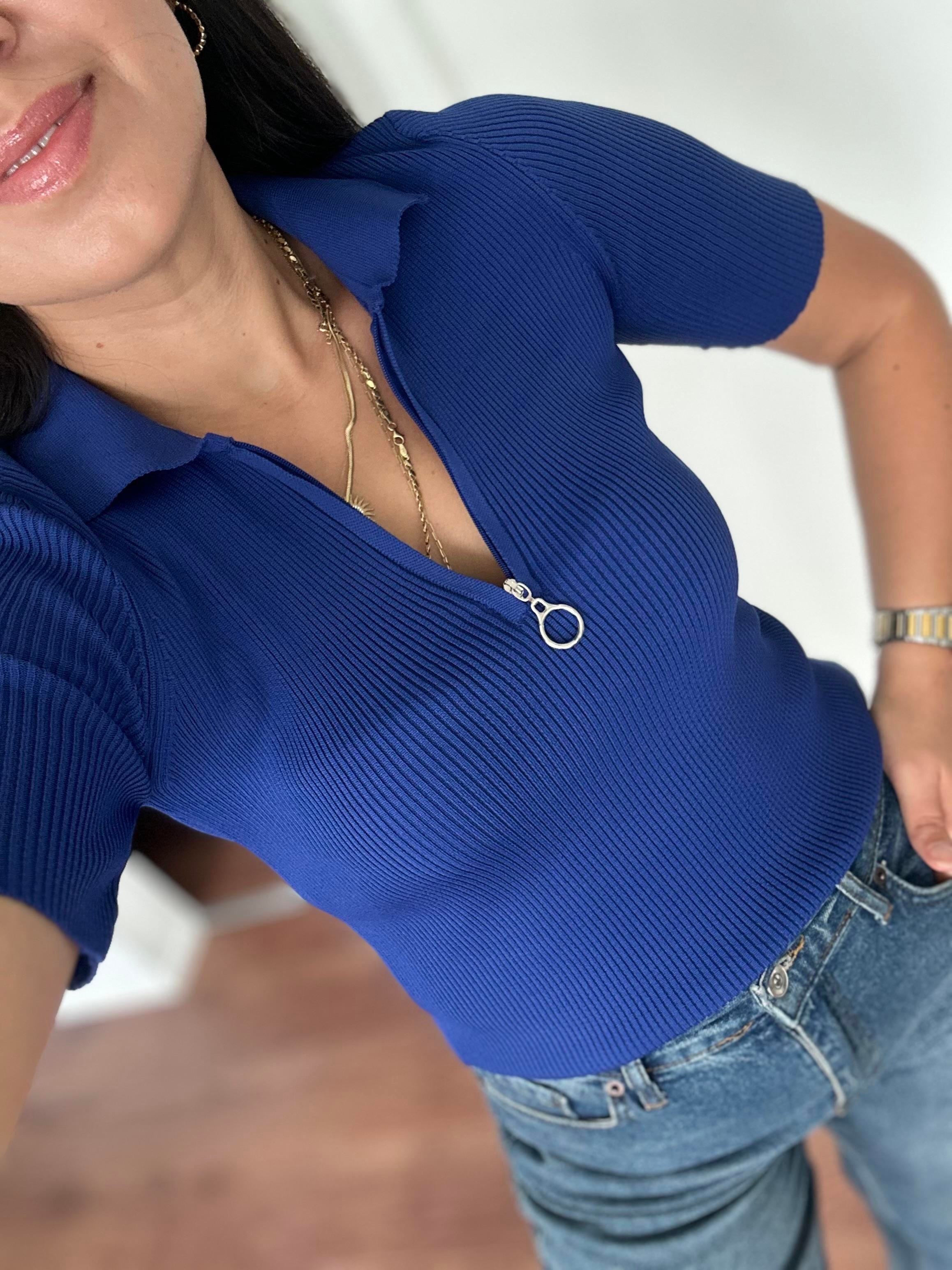 Fermuarlı Polo Yaka Triko Bluz Saks