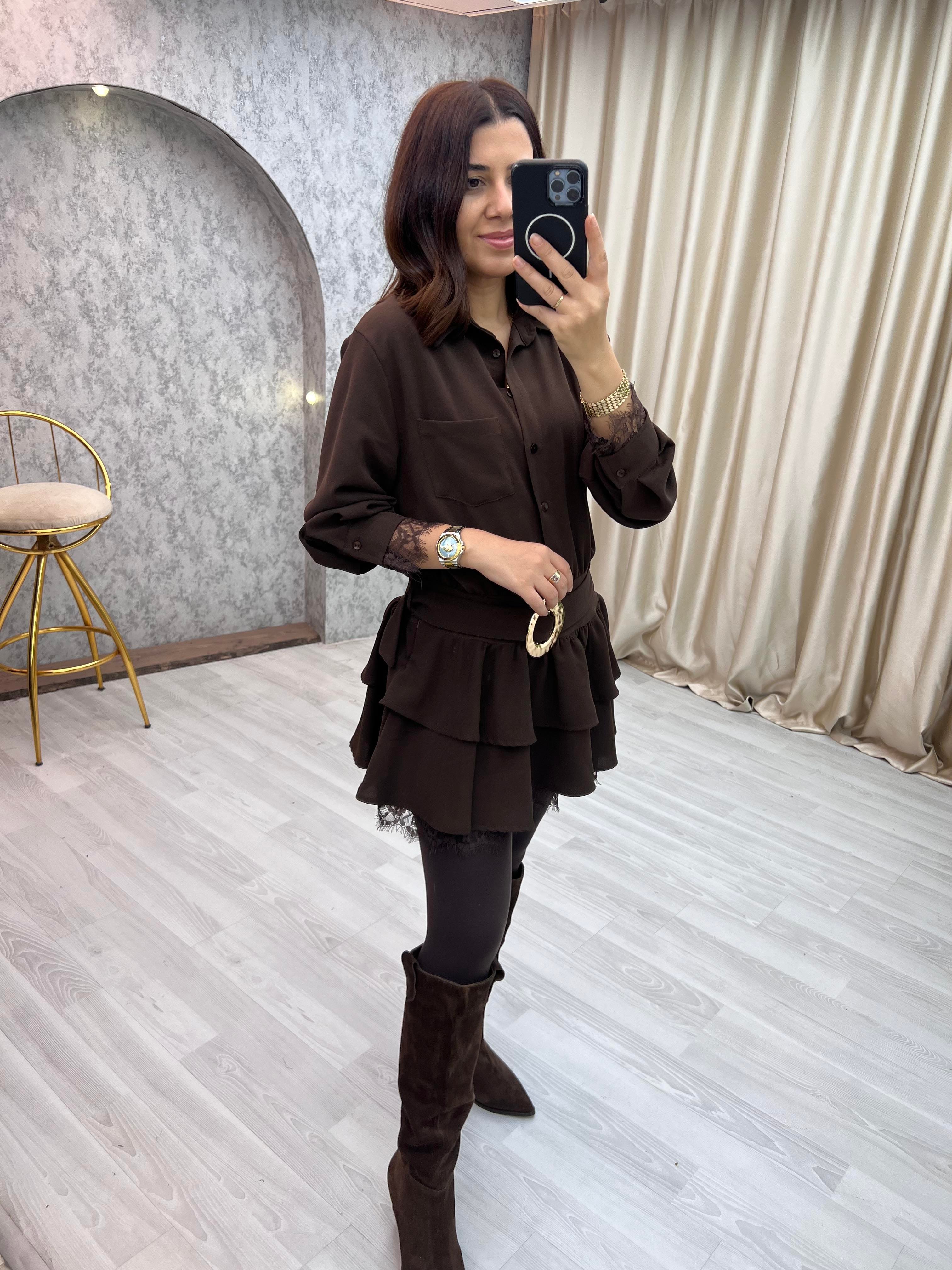 Fırfırlı lı Gömlek Detay Elbise Kahverengi