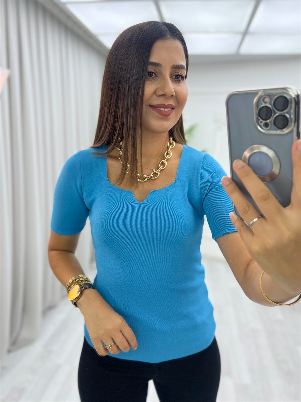 Fitilli Açma V Yaka Yarım Kol Bluz Mavi