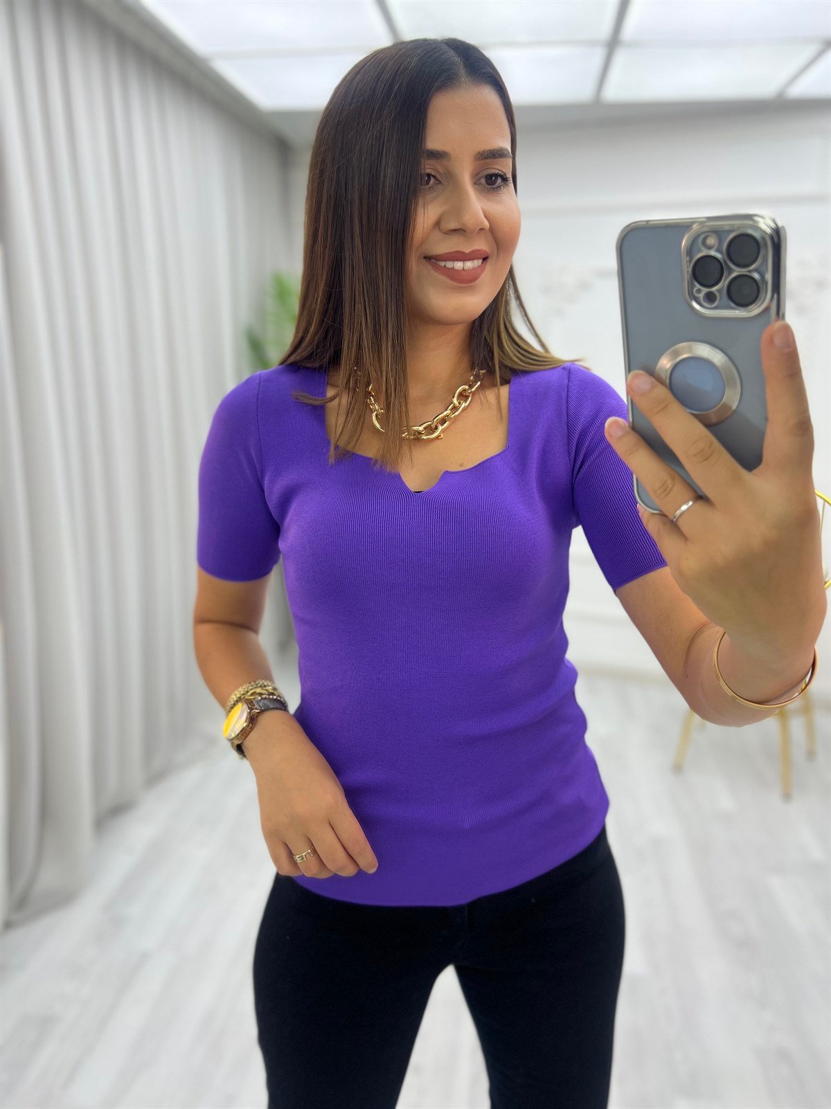 Fitilli Açma V Yaka Yarım Kol Bluz Mor
