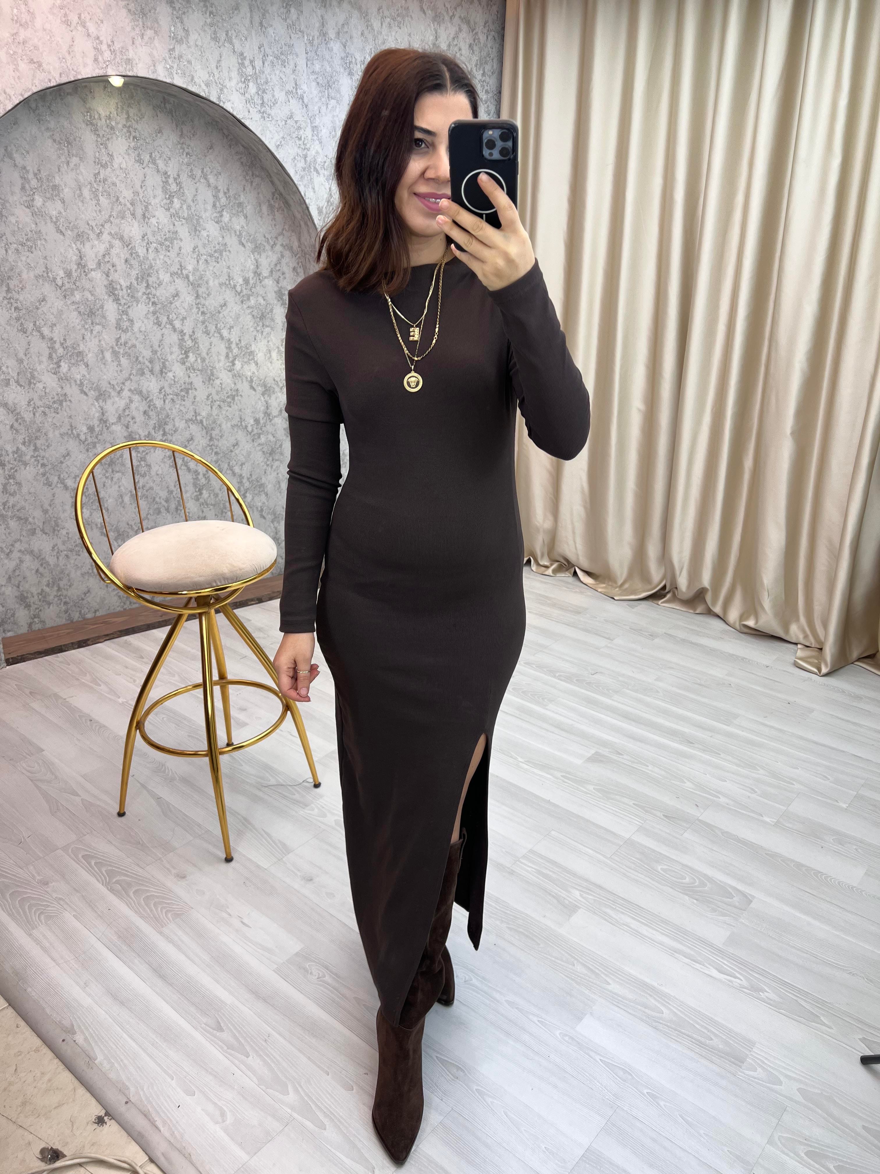Fitilli Düşük Omuz Maxi Elbise Kahverengi