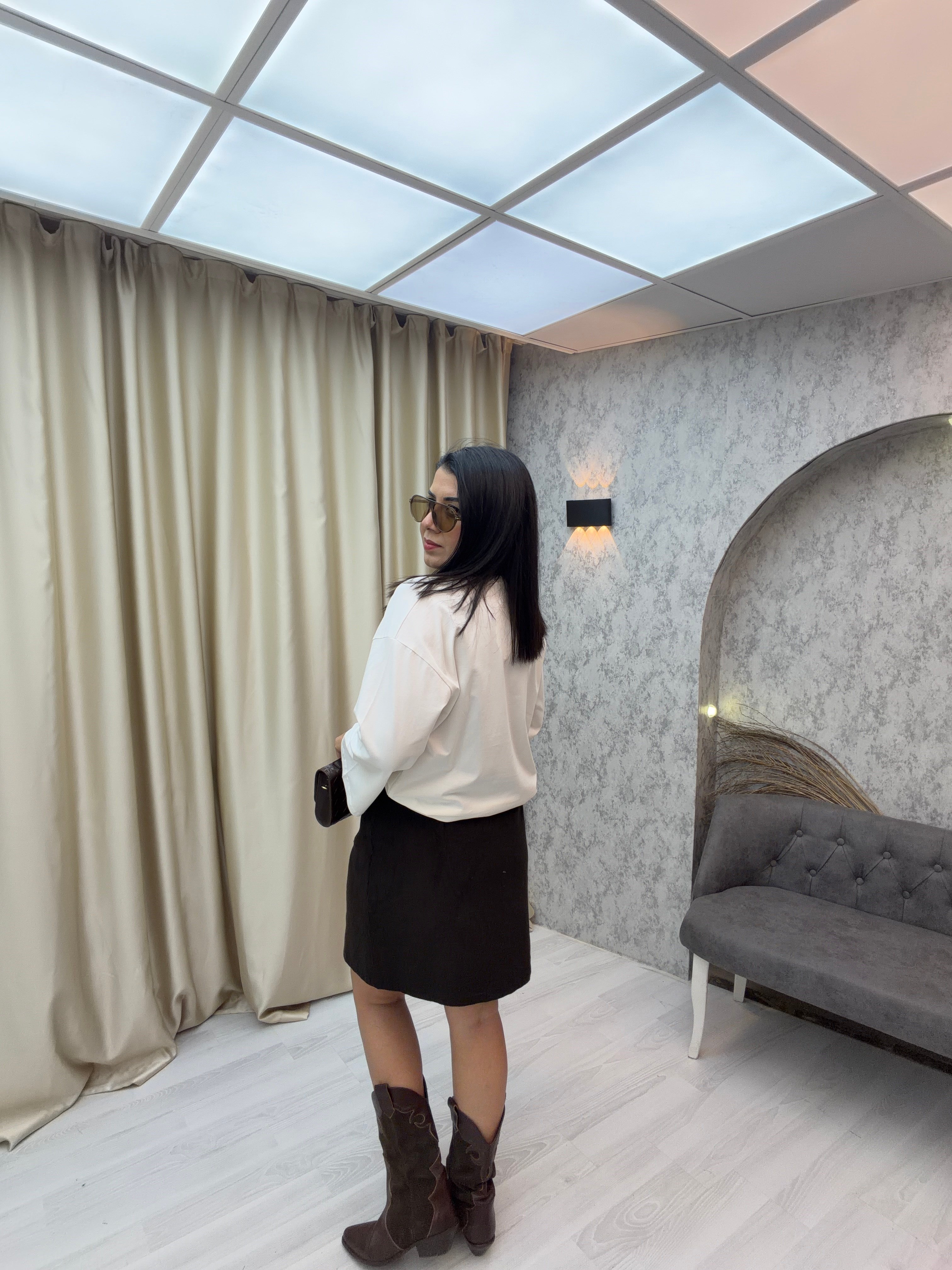 Fitilli Kadife Düğmeli Kısa Etek Kahverengi