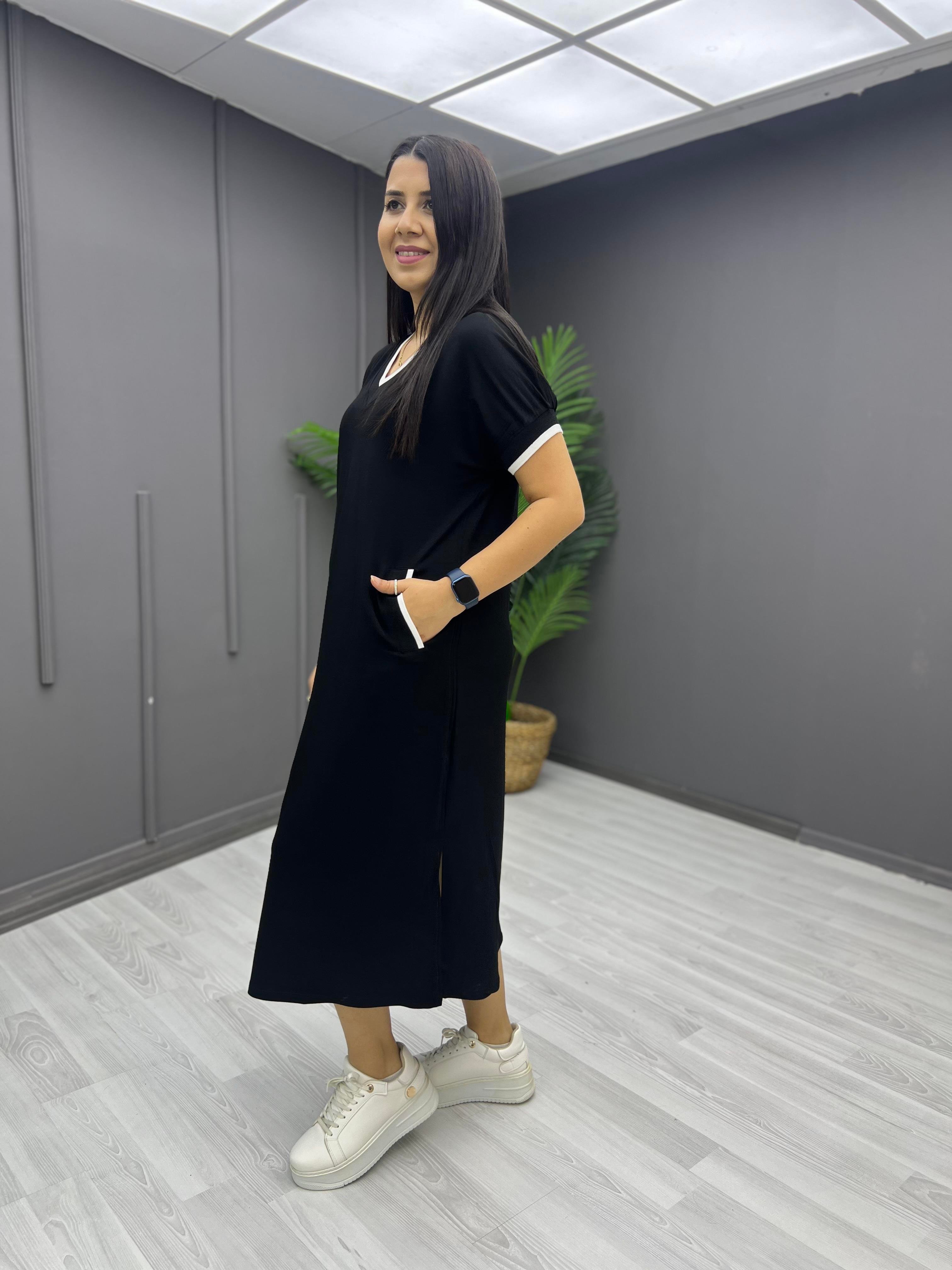 Flatolu Ribanalı Elbise Siyah