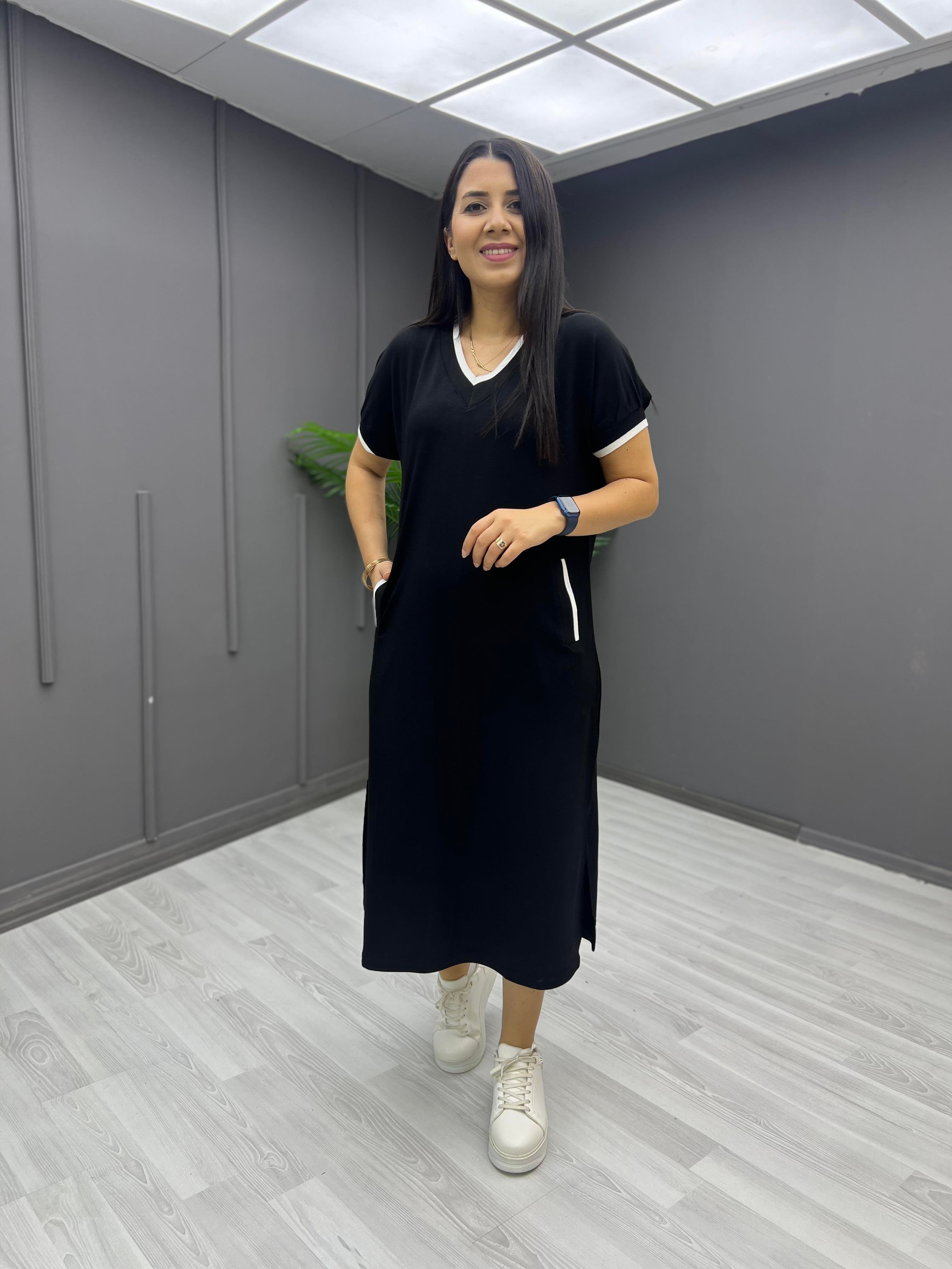 Flatolu Ribanalı Elbise Siyah