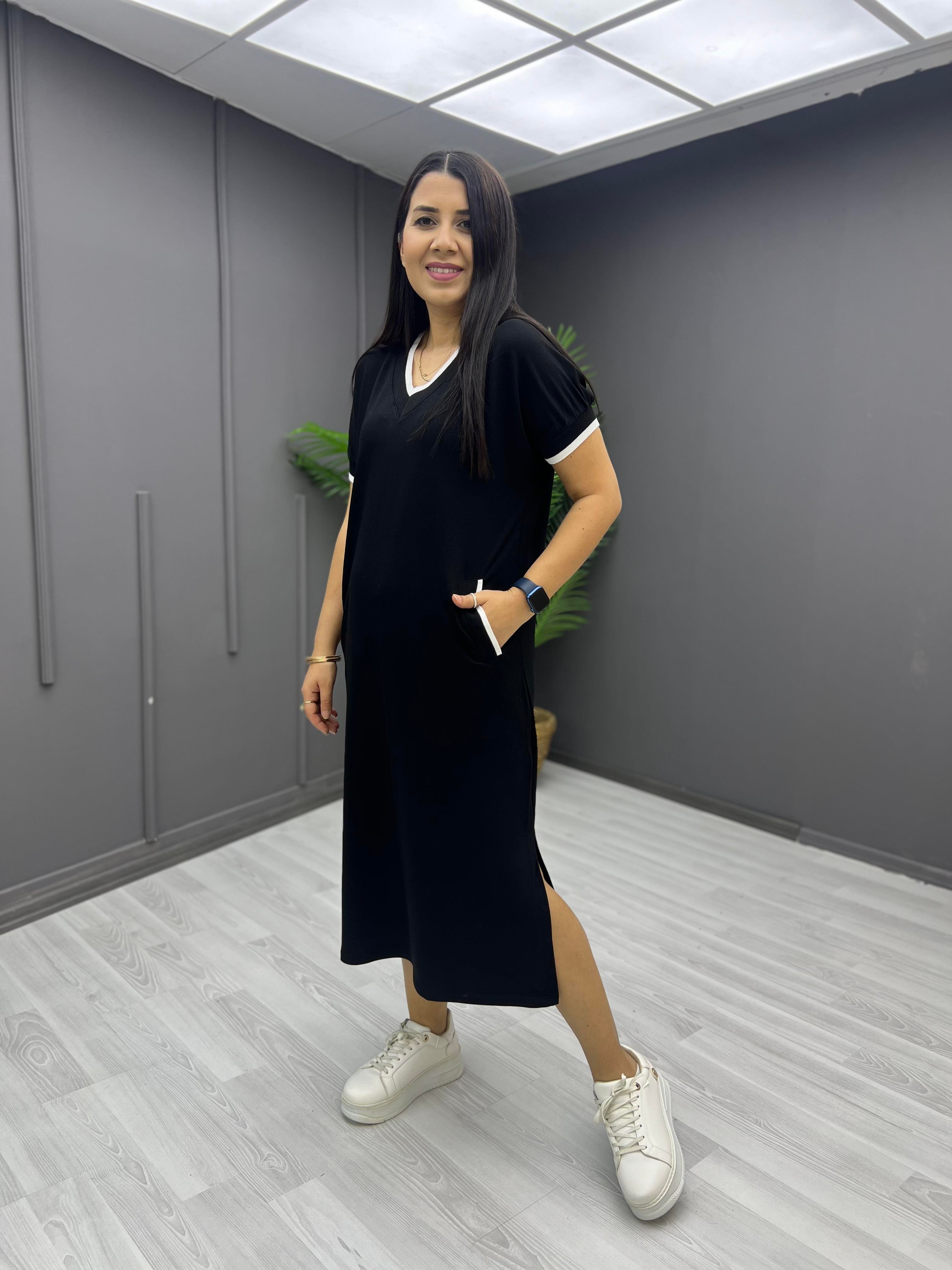 Flatolu Ribanalı Elbise Siyah