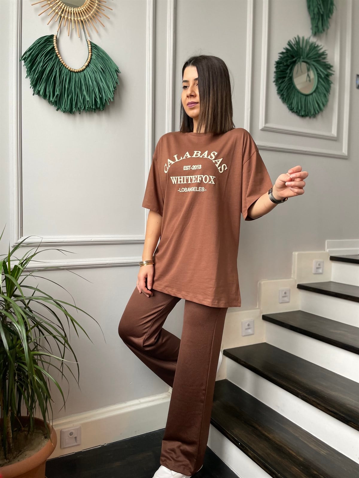 Galabasas Baskılı Oversize Tişört Kahverengi