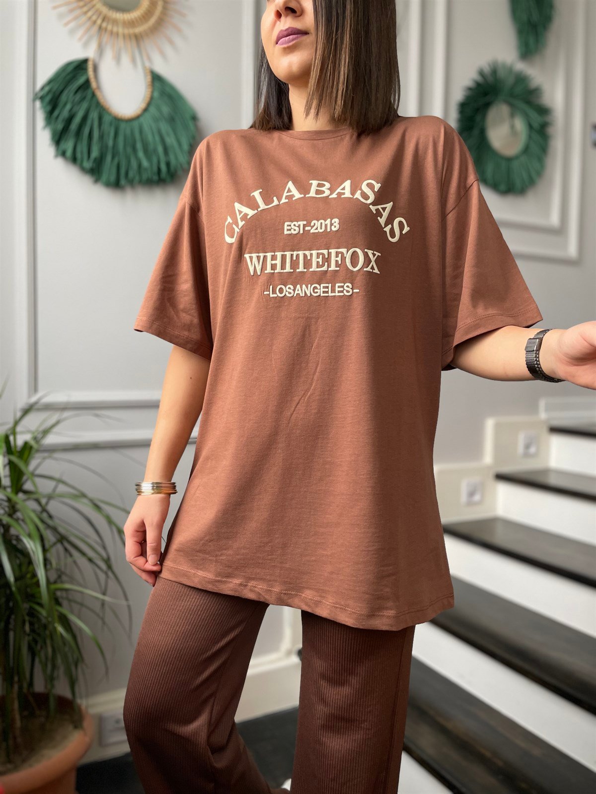 Galabasas Baskılı Oversize Tişört Kahverengi