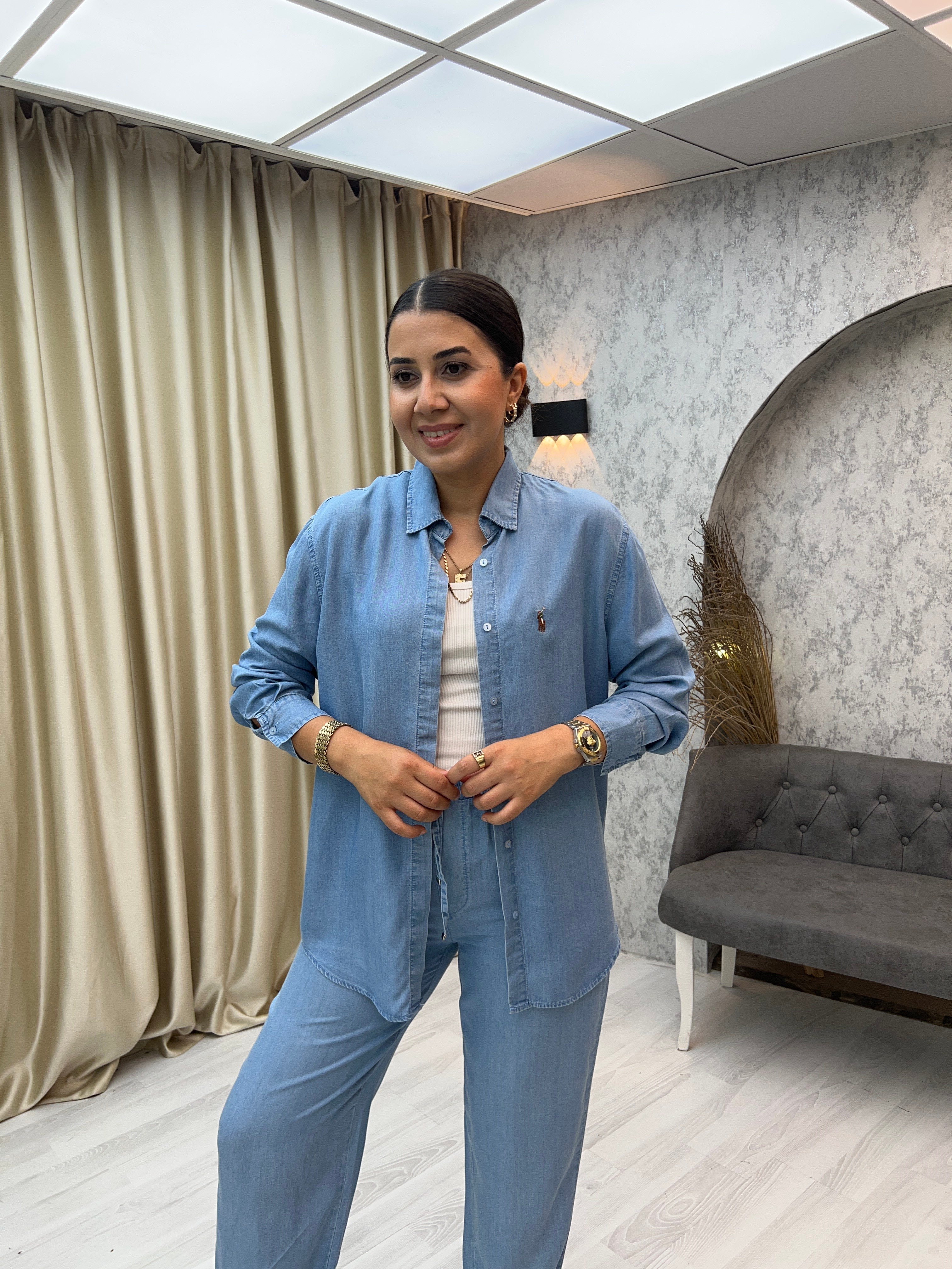 Gömlek Pantolon Jean Tensel Takım Açık Mavi