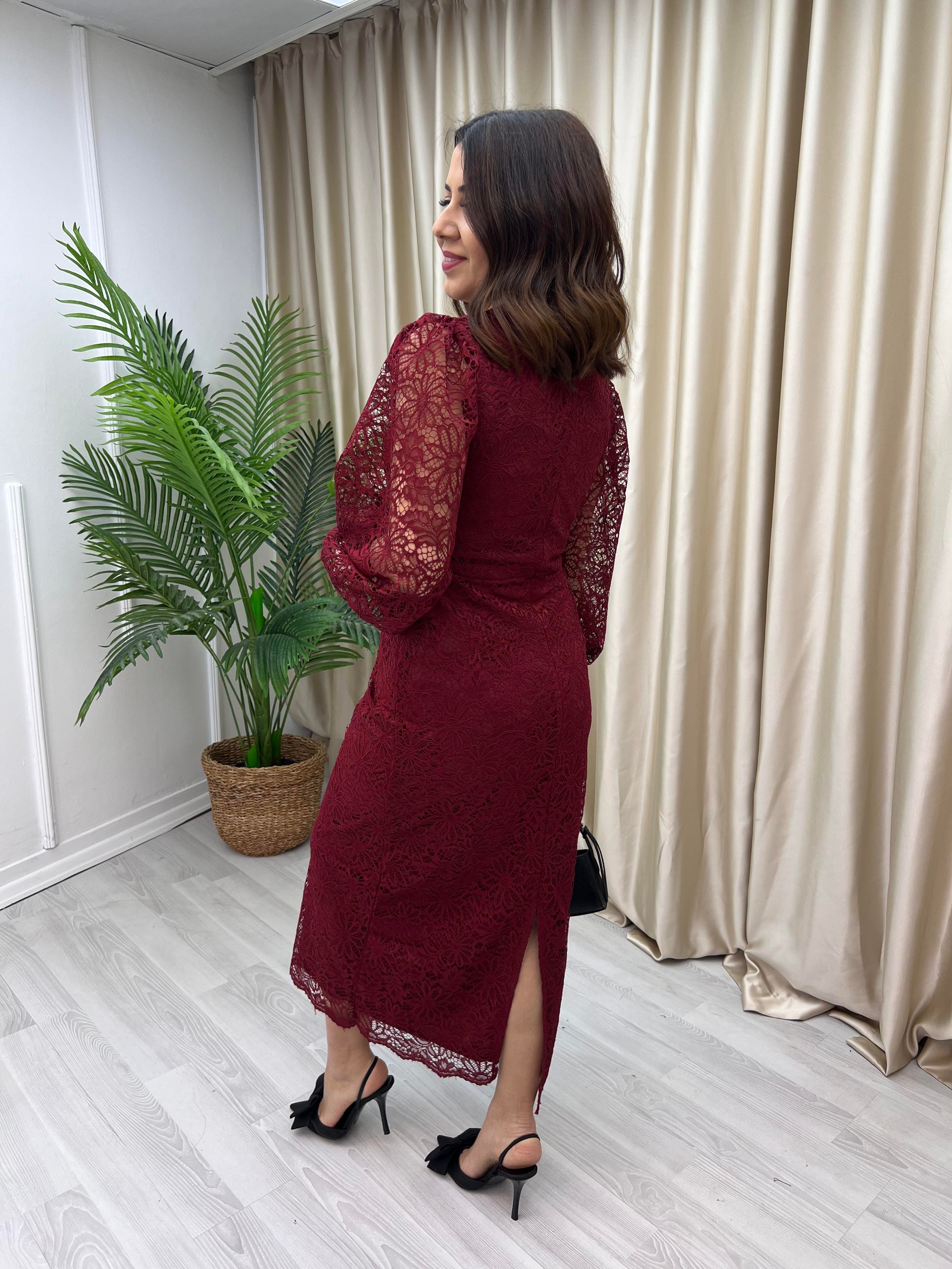 Güpür Detaylı Dantel Elbise Bordo