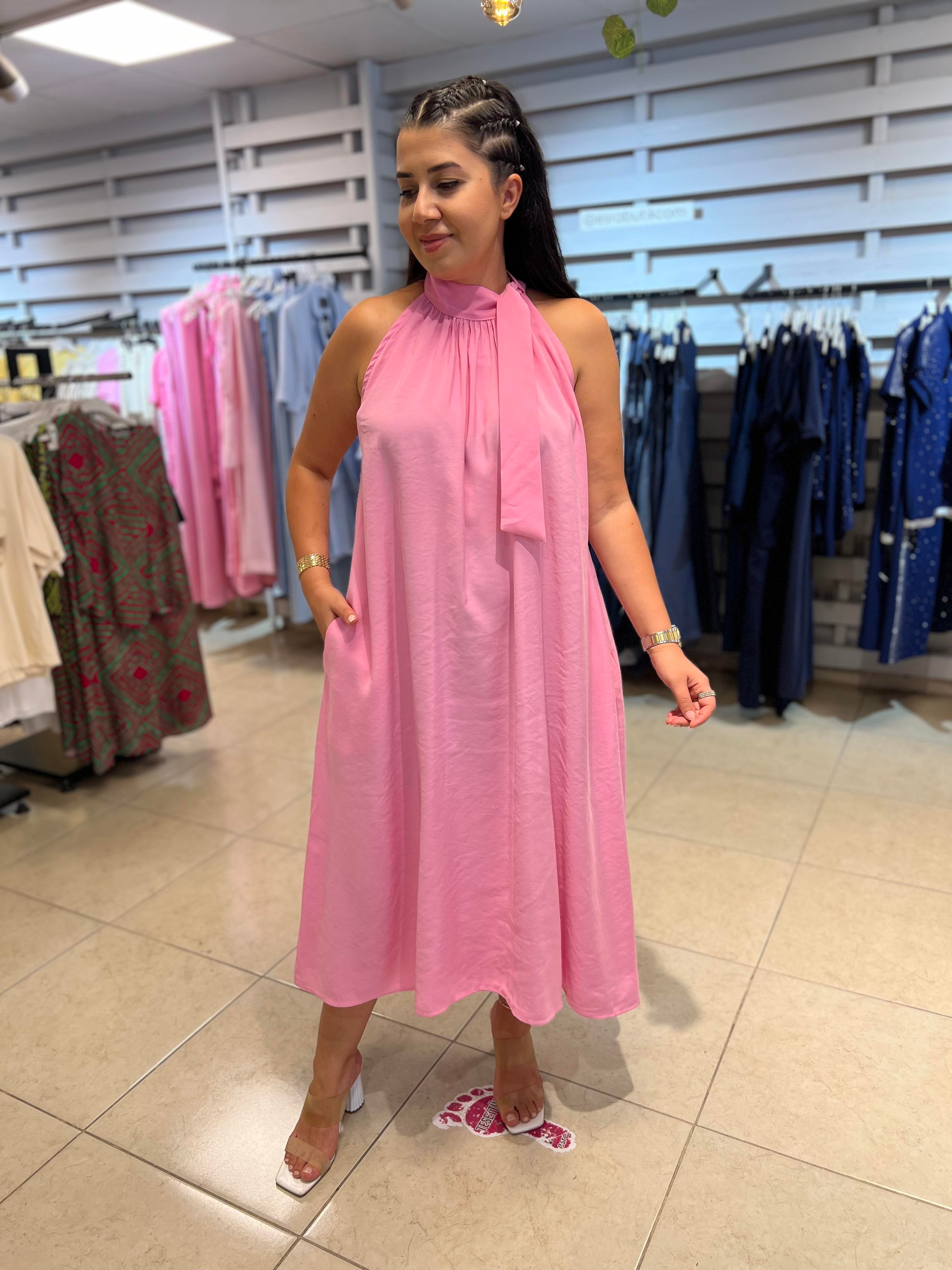 Halter Yaka Bağlamalı Elbise Pembe