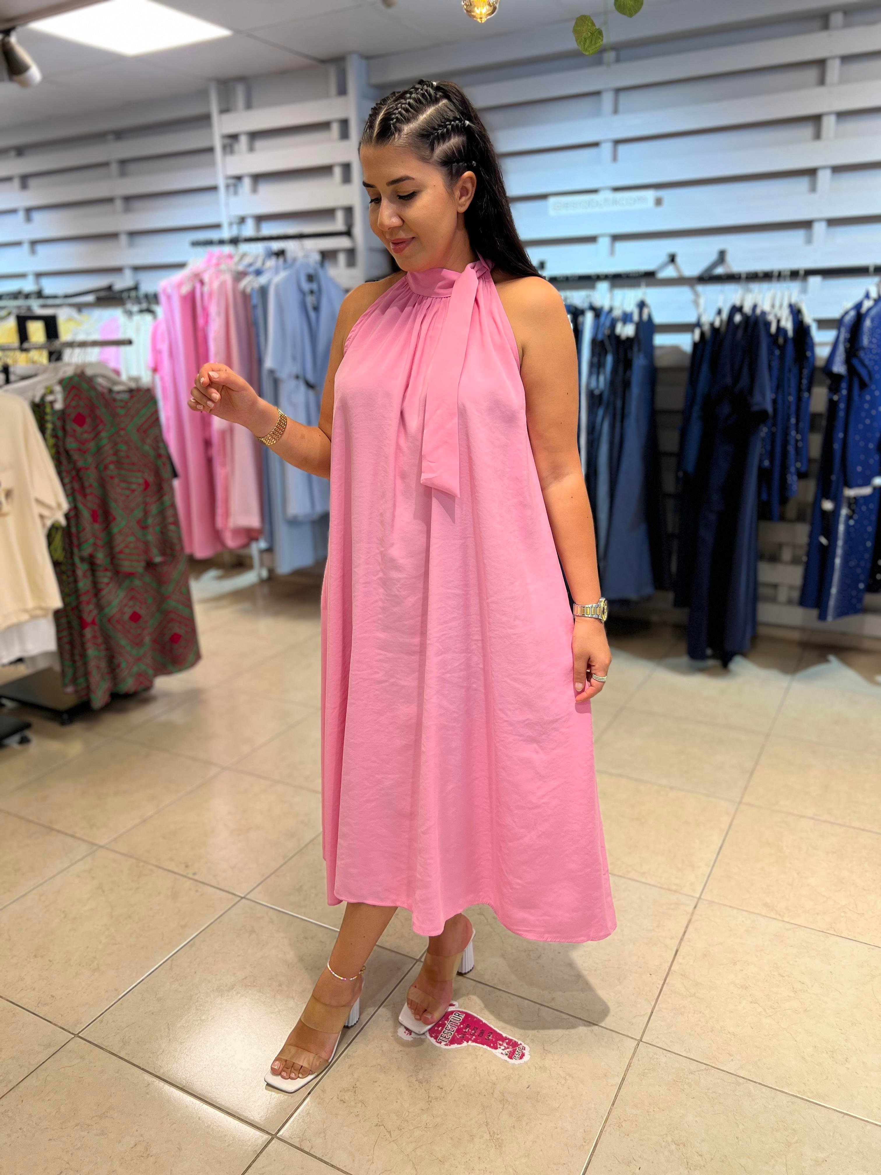 Halter Yaka Bağlamalı Elbise Pembe