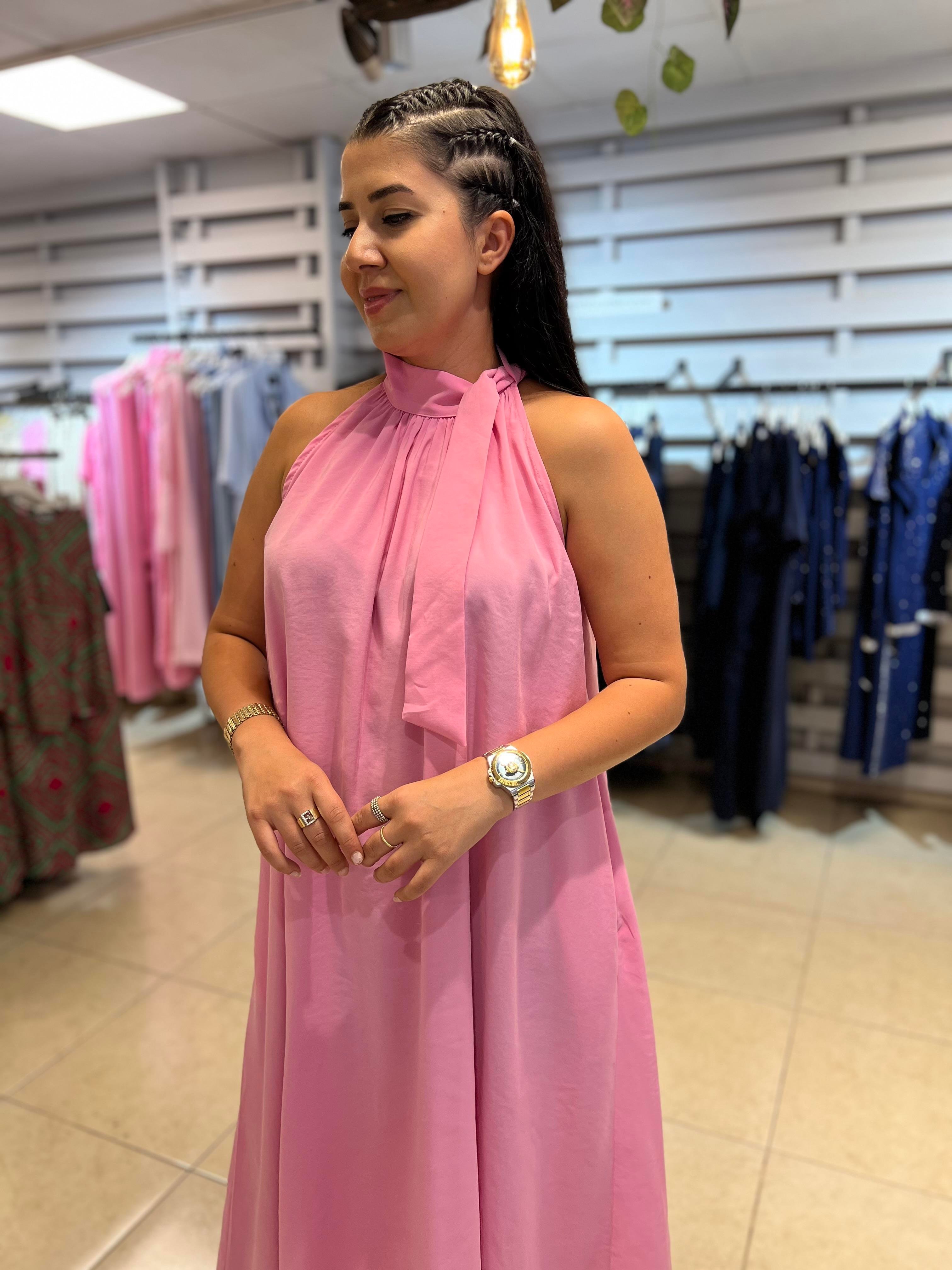 Halter Yaka Bağlamalı Elbise Pembe