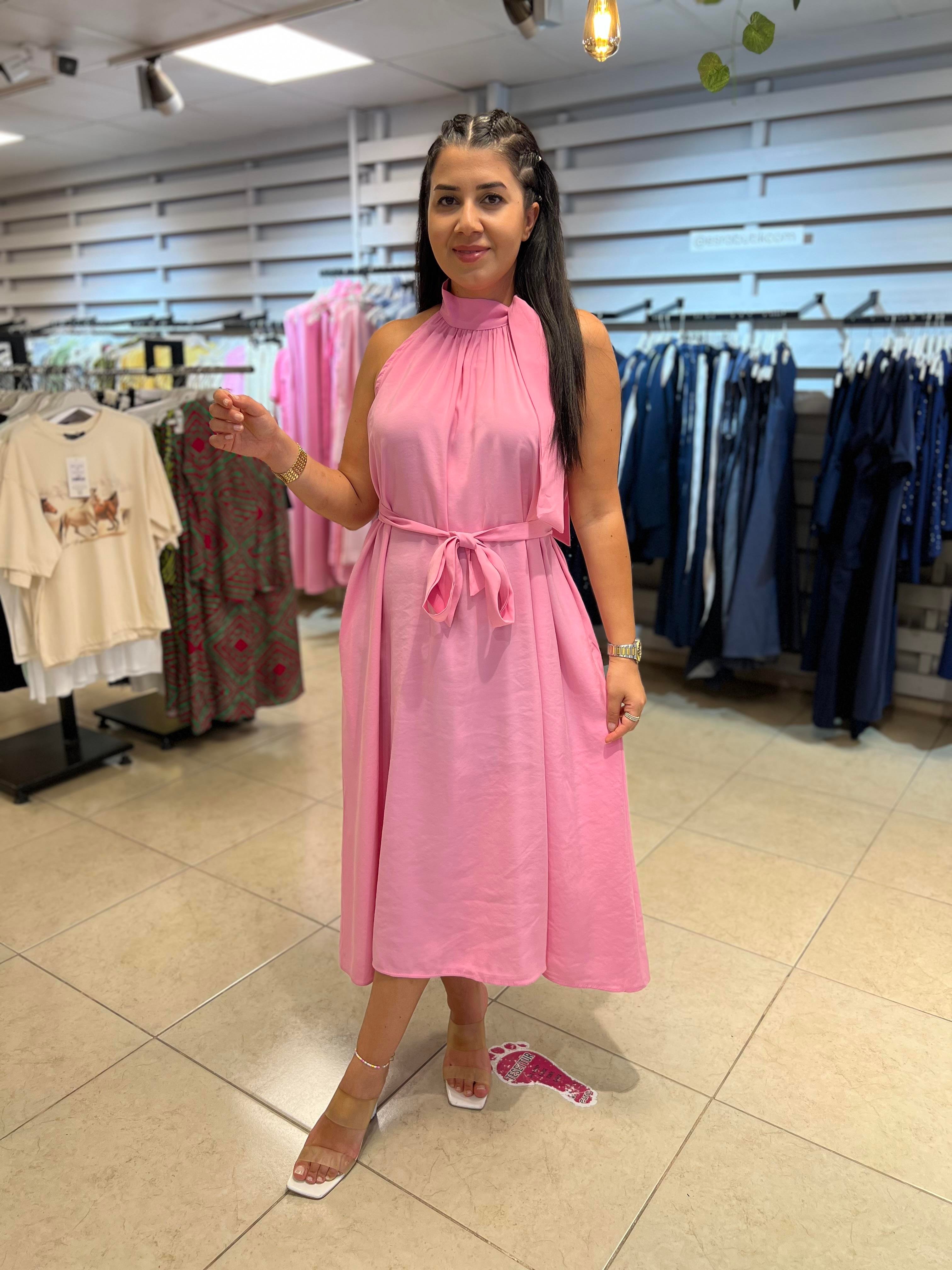 Halter Yaka Bağlamalı Elbise Pembe
