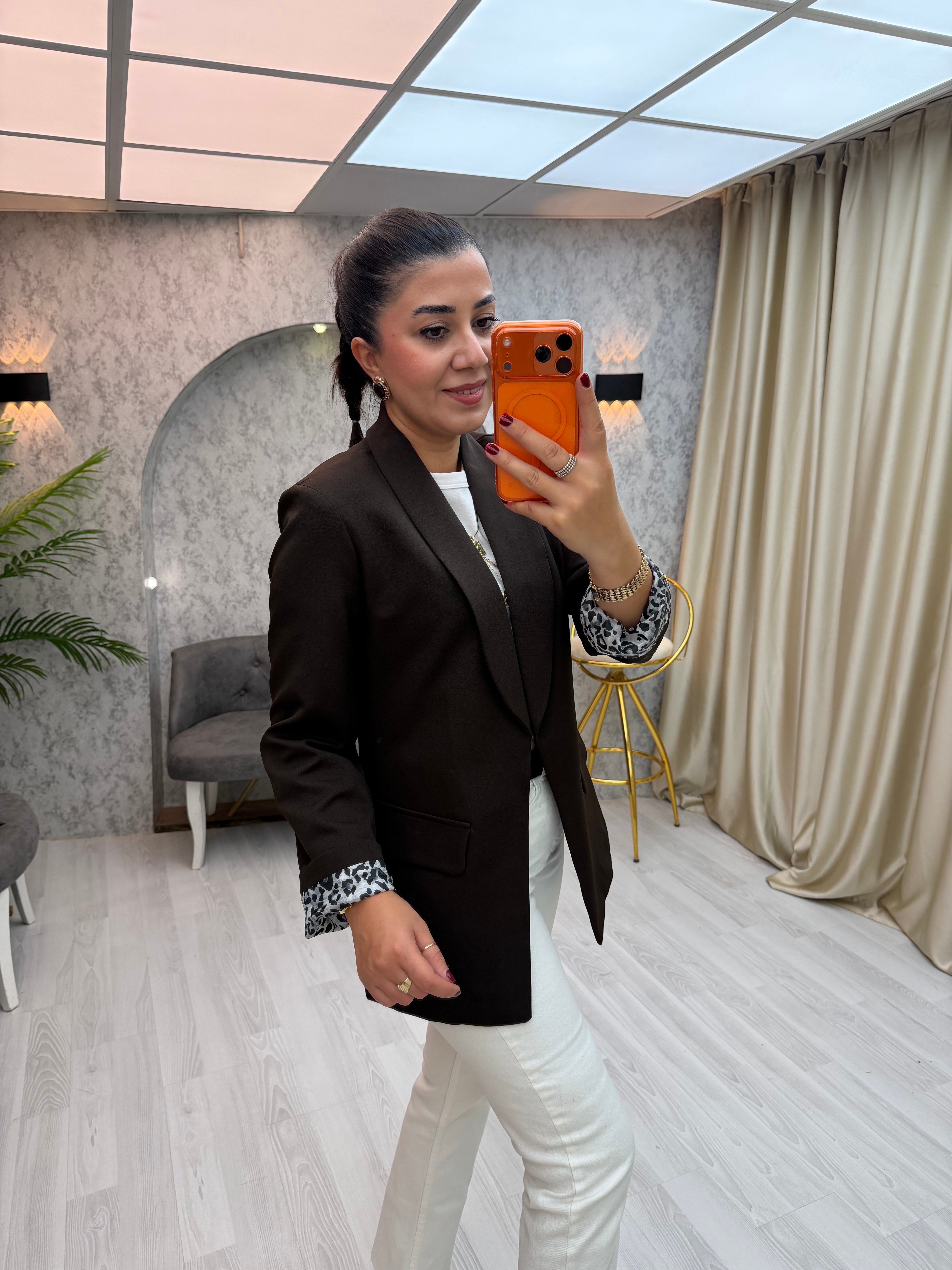İçi Leopar Desen Blazer Ceket Kahverengi