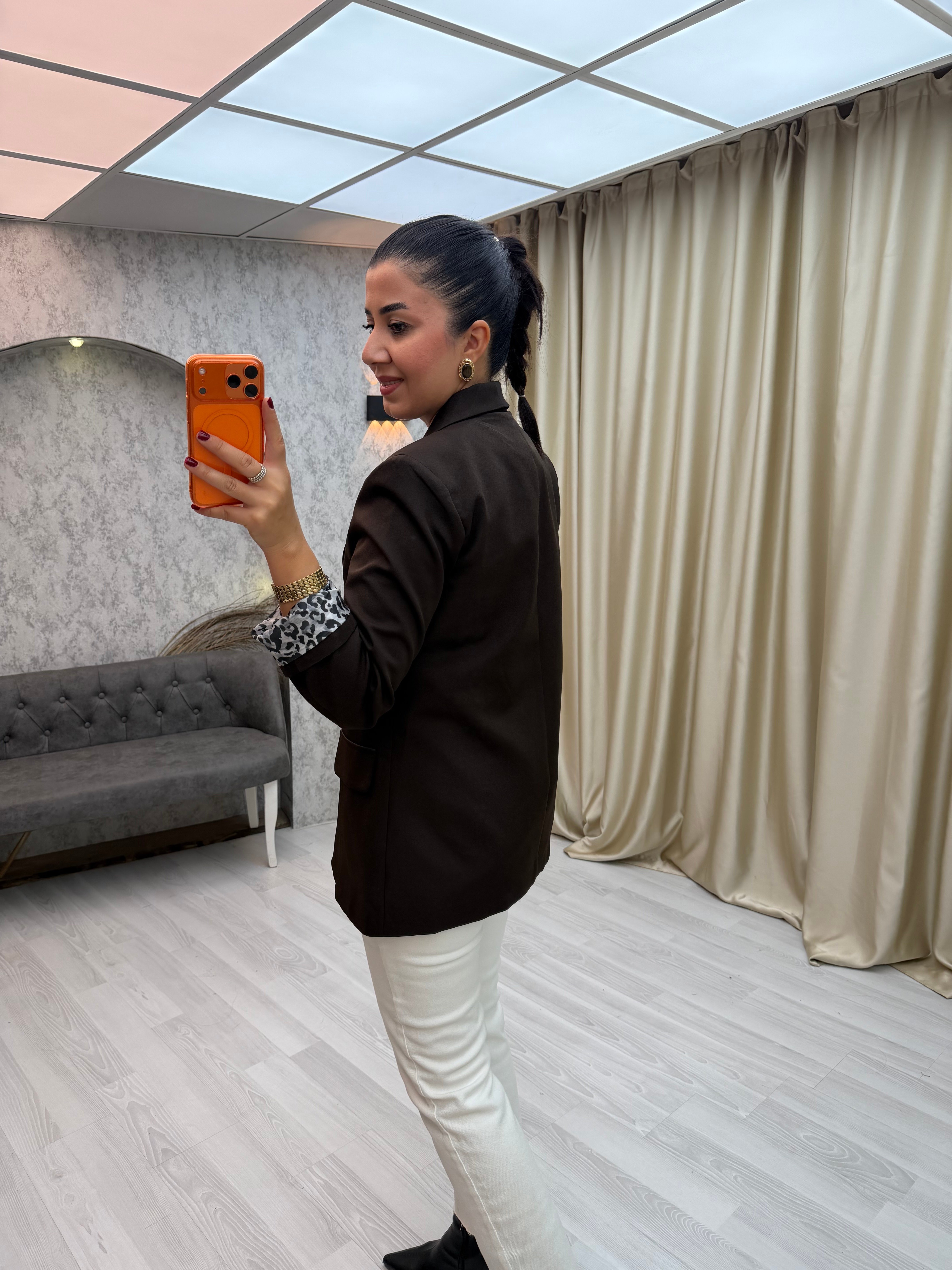 İçi Leopar Desen Blazer Ceket Kahverengi